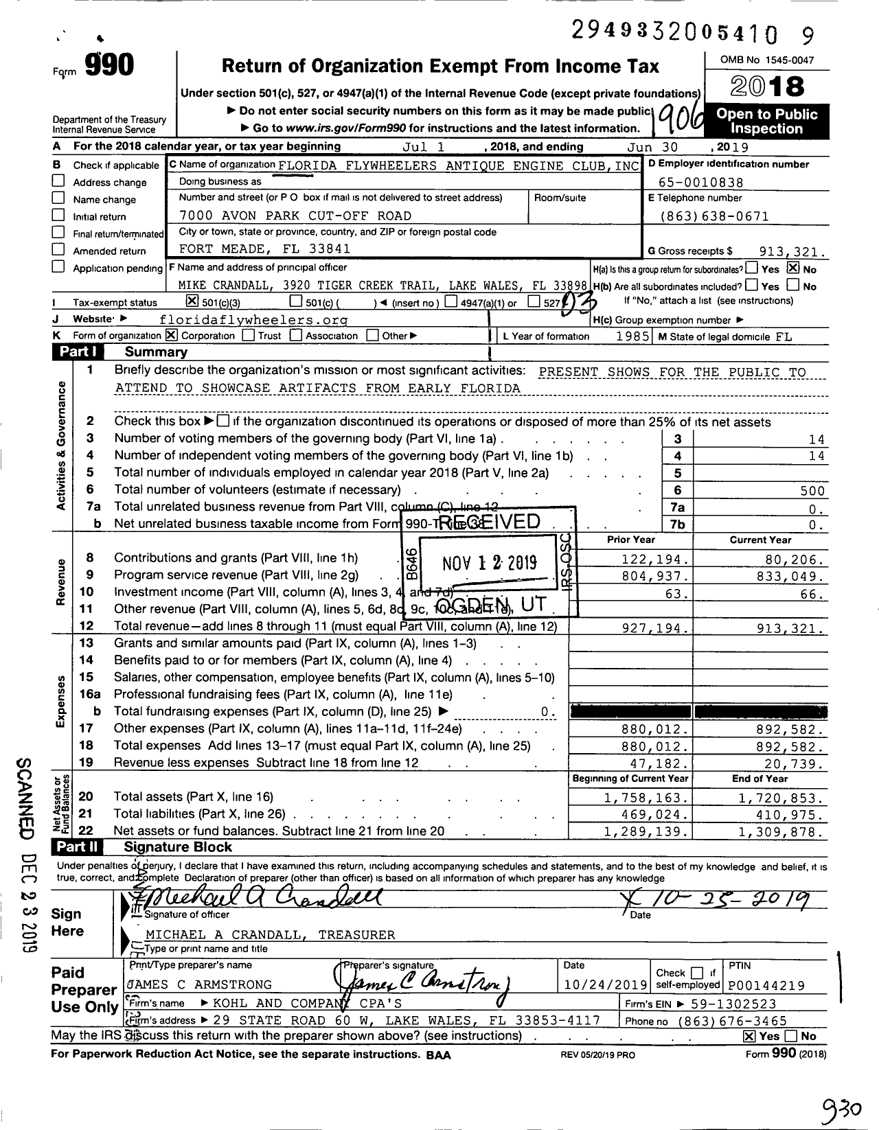 Image of first page of 2018 Form 990 for Florida Flywheelers Antique Engine Club