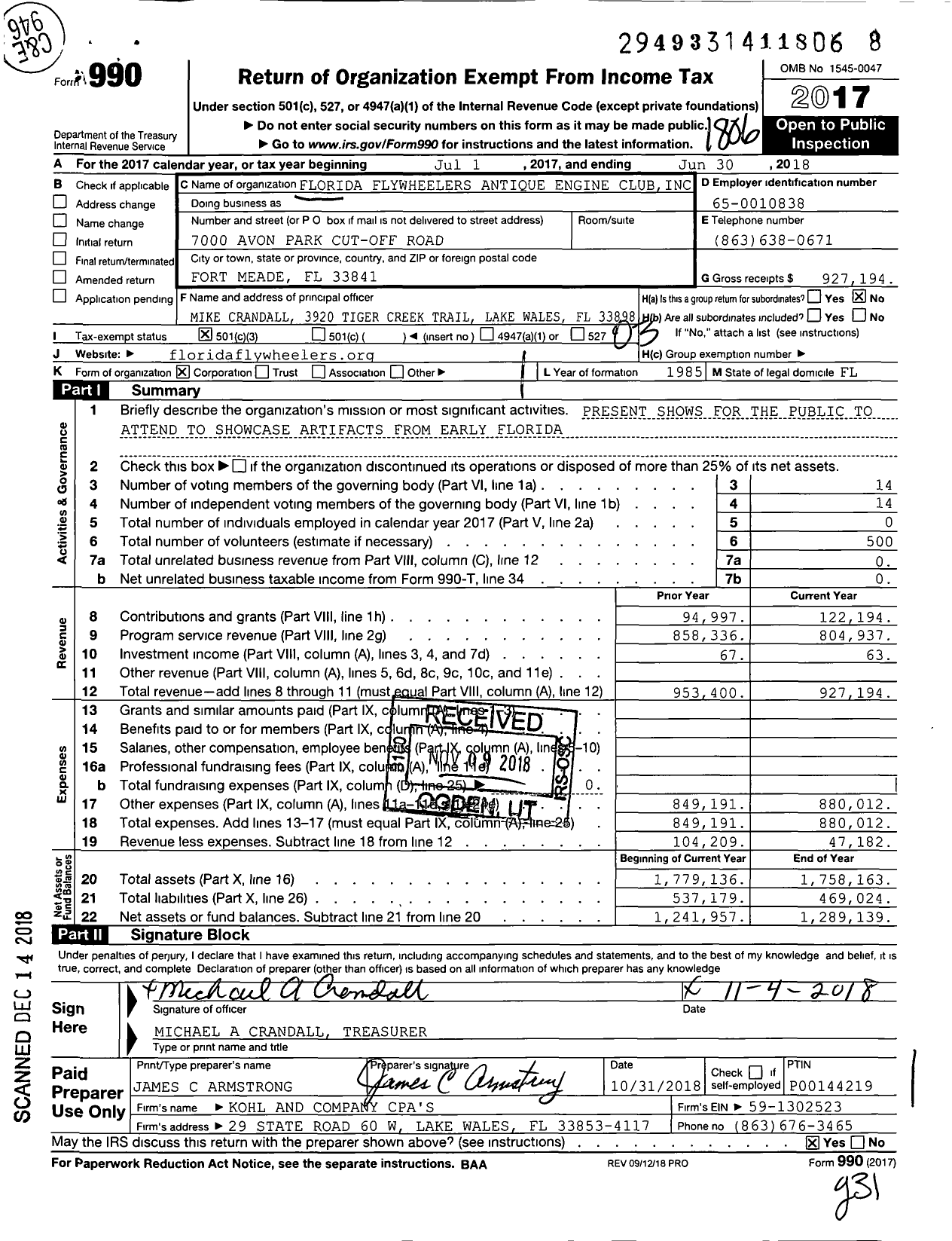 Image of first page of 2017 Form 990 for Florida Flywheelers Antique Engine Club