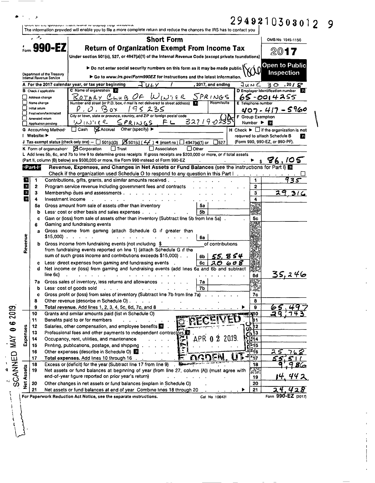 Image of first page of 2017 Form 990EO for Rotary International - Winter Springs