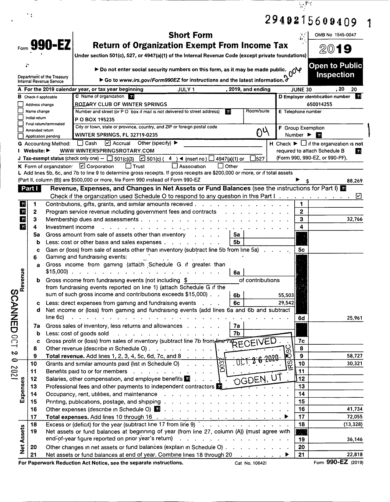 Image of first page of 2019 Form 990EO for Rotary International - Winter Springs