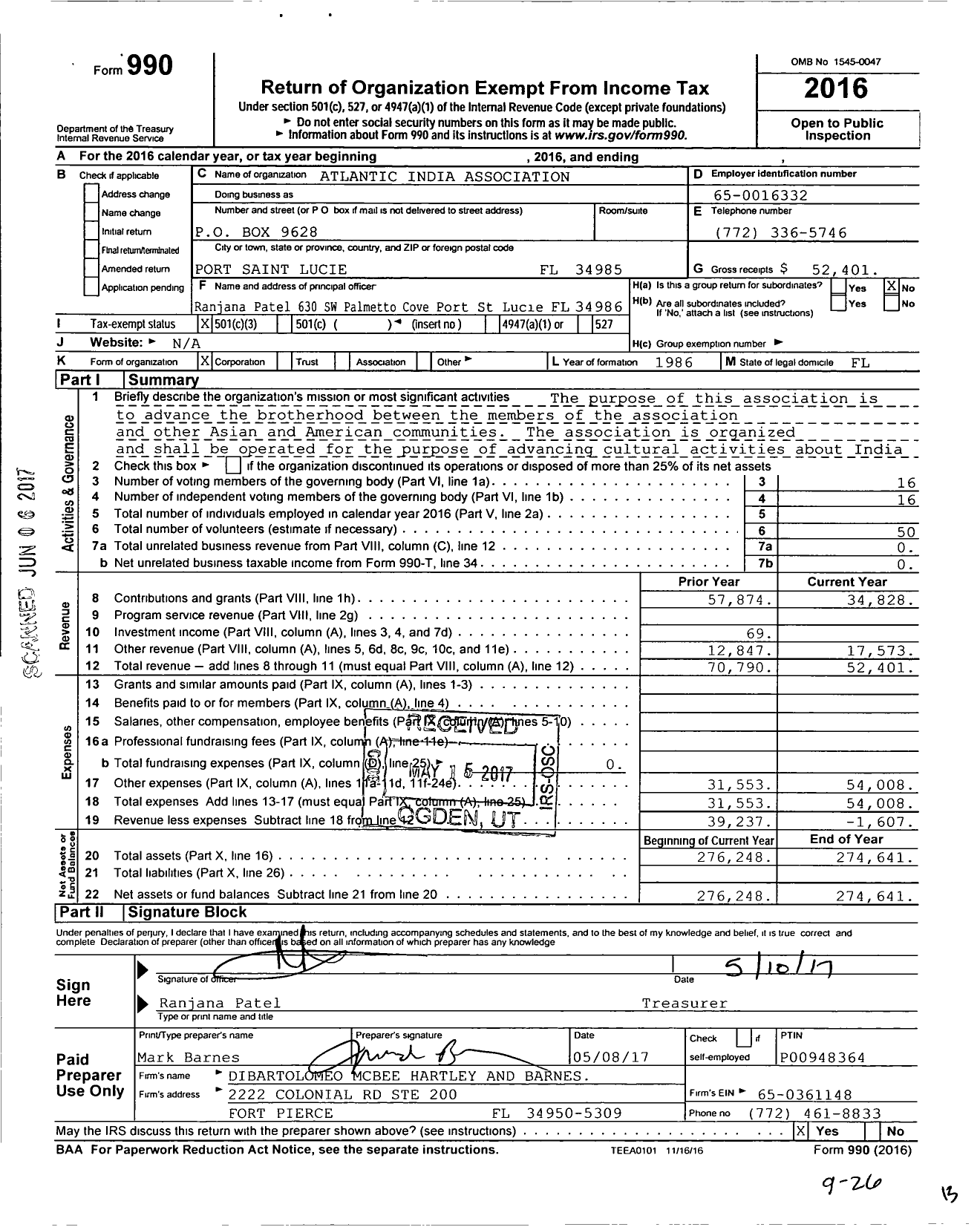 Image of first page of 2016 Form 990 for Atlantic India Association