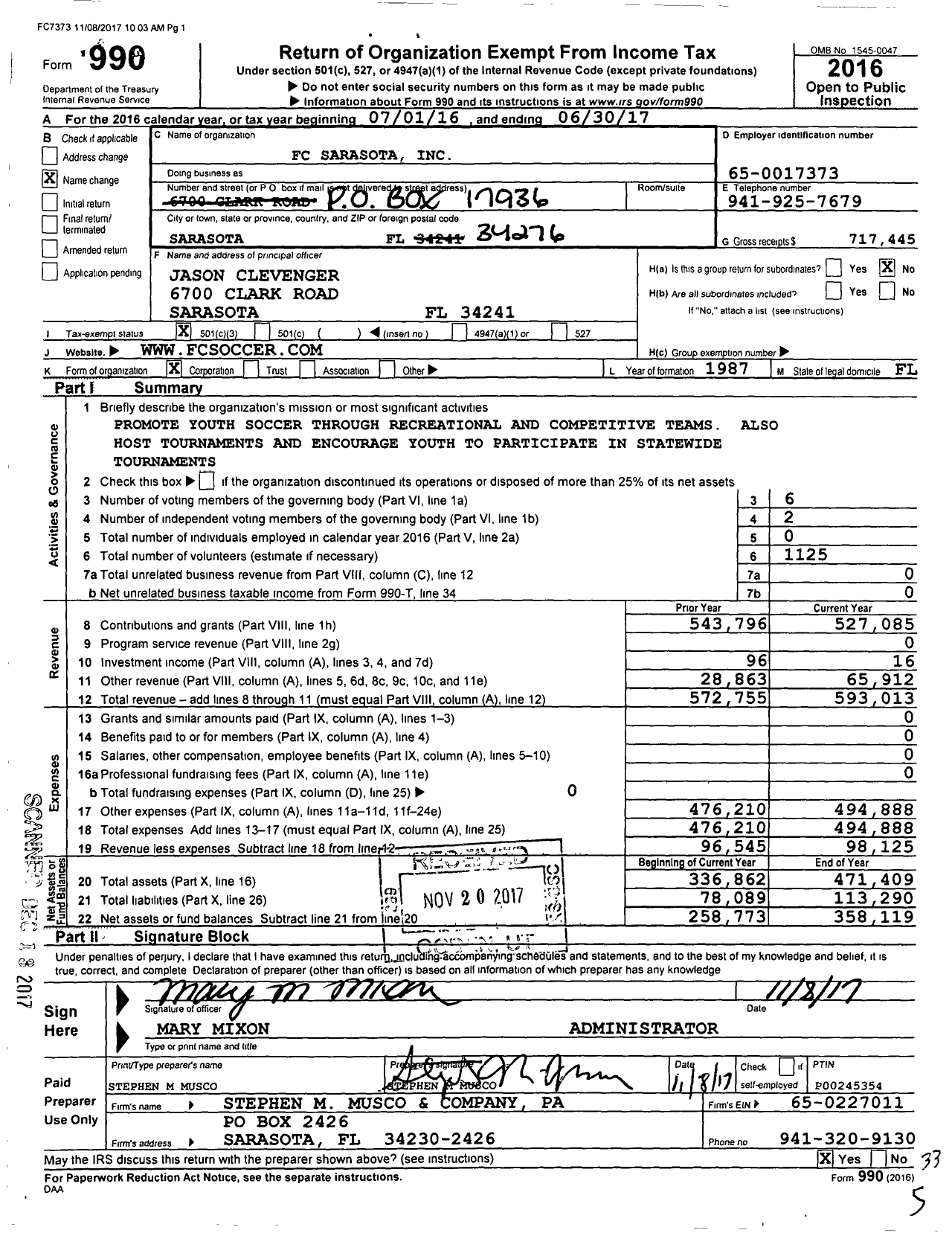Image of first page of 2016 Form 990 for FC Sarasota