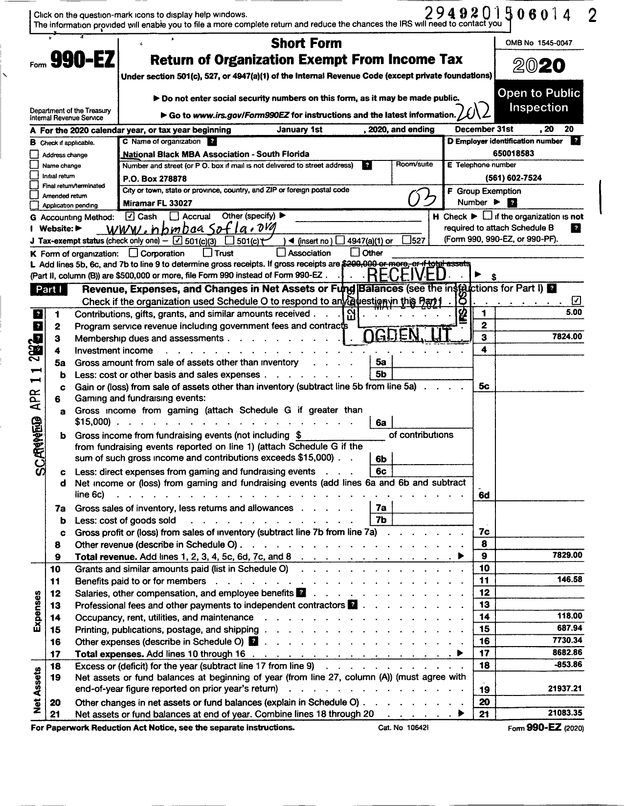 Image of first page of 2020 Form 990EZ for The National Black MBA Association - South Florida Chapter