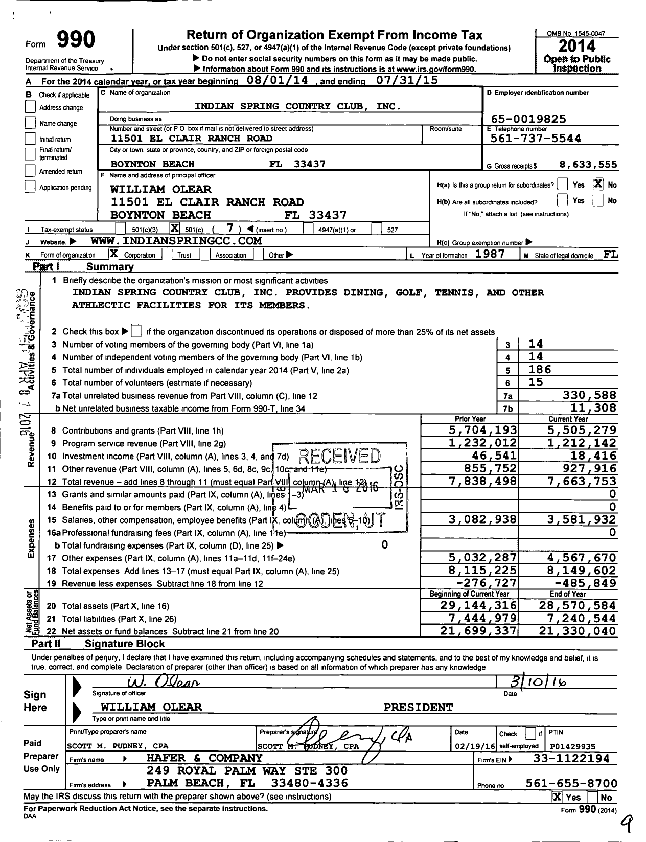 Image of first page of 2014 Form 990O for Indian Springs Country Club