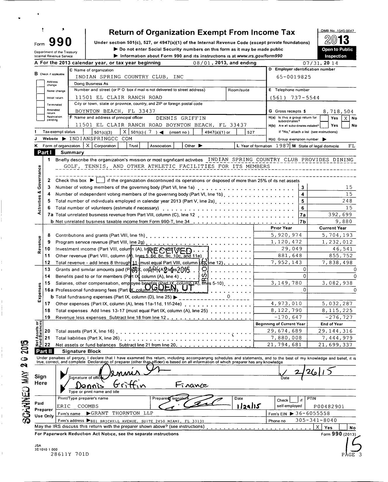 Image of first page of 2013 Form 990O for Indian Springs Country Club