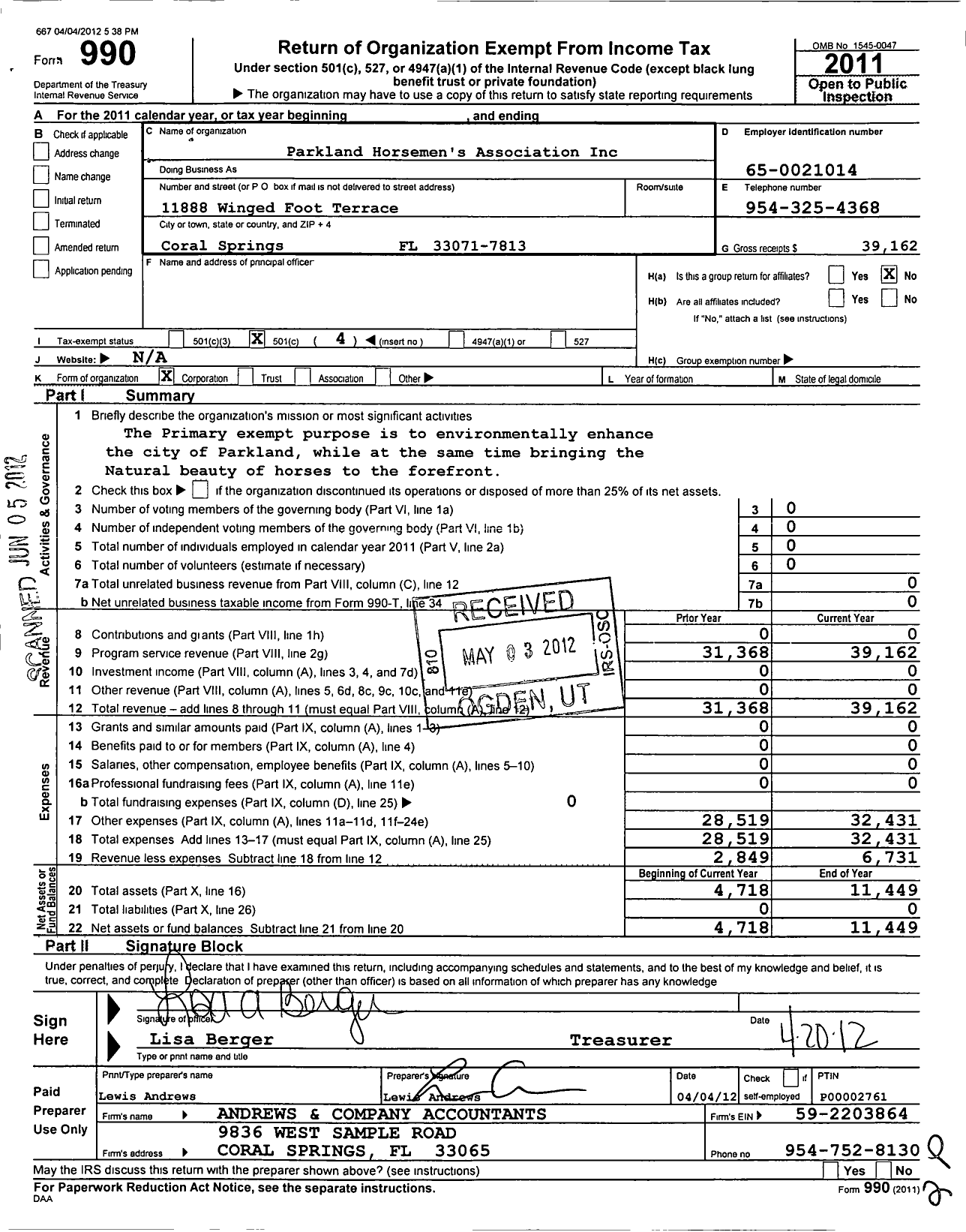 Image of first page of 2011 Form 990O for Parkland Horsemans Association