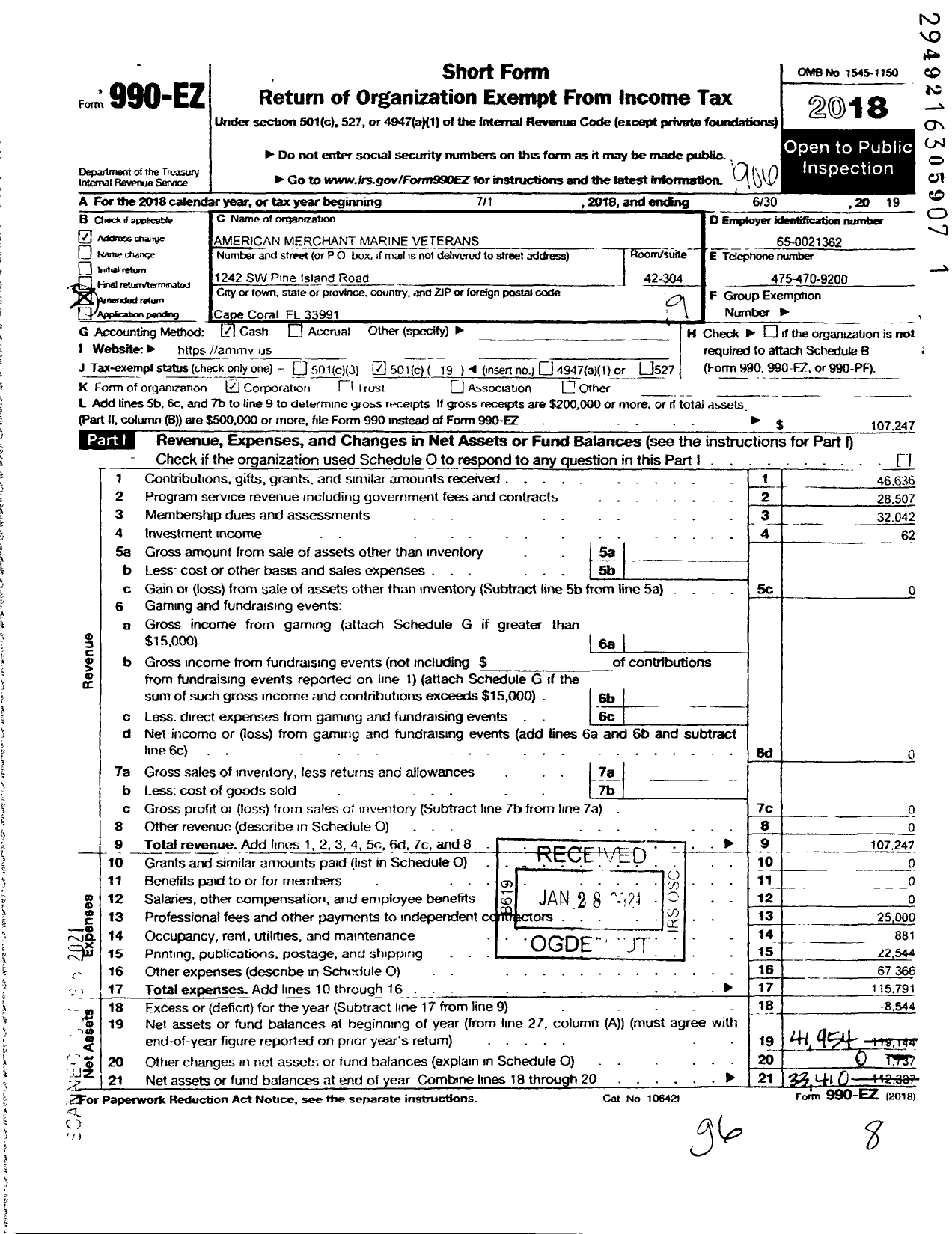 Image of first page of 2018 Form 990EO for American Merchant Marine Veterans