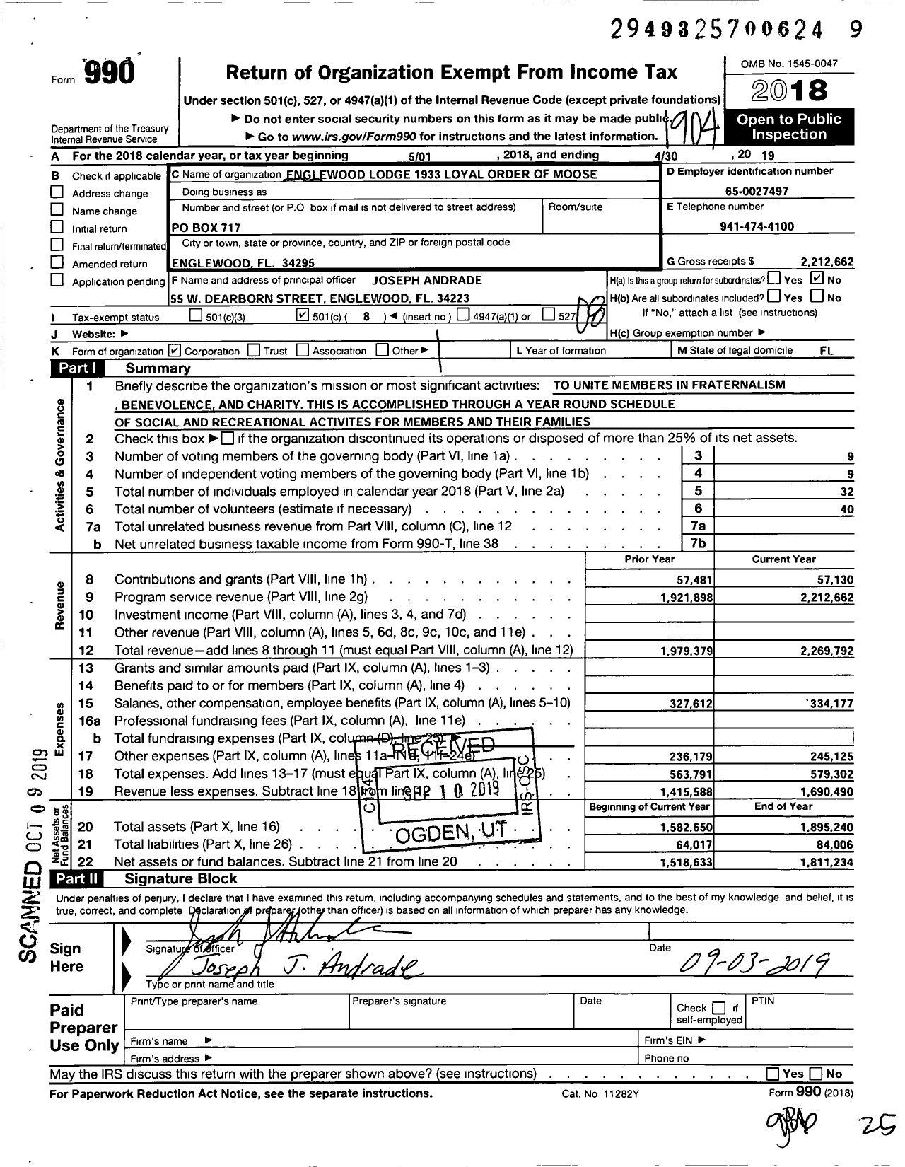 Image of first page of 2018 Form 990O for Loyal Order of Moose - 1933