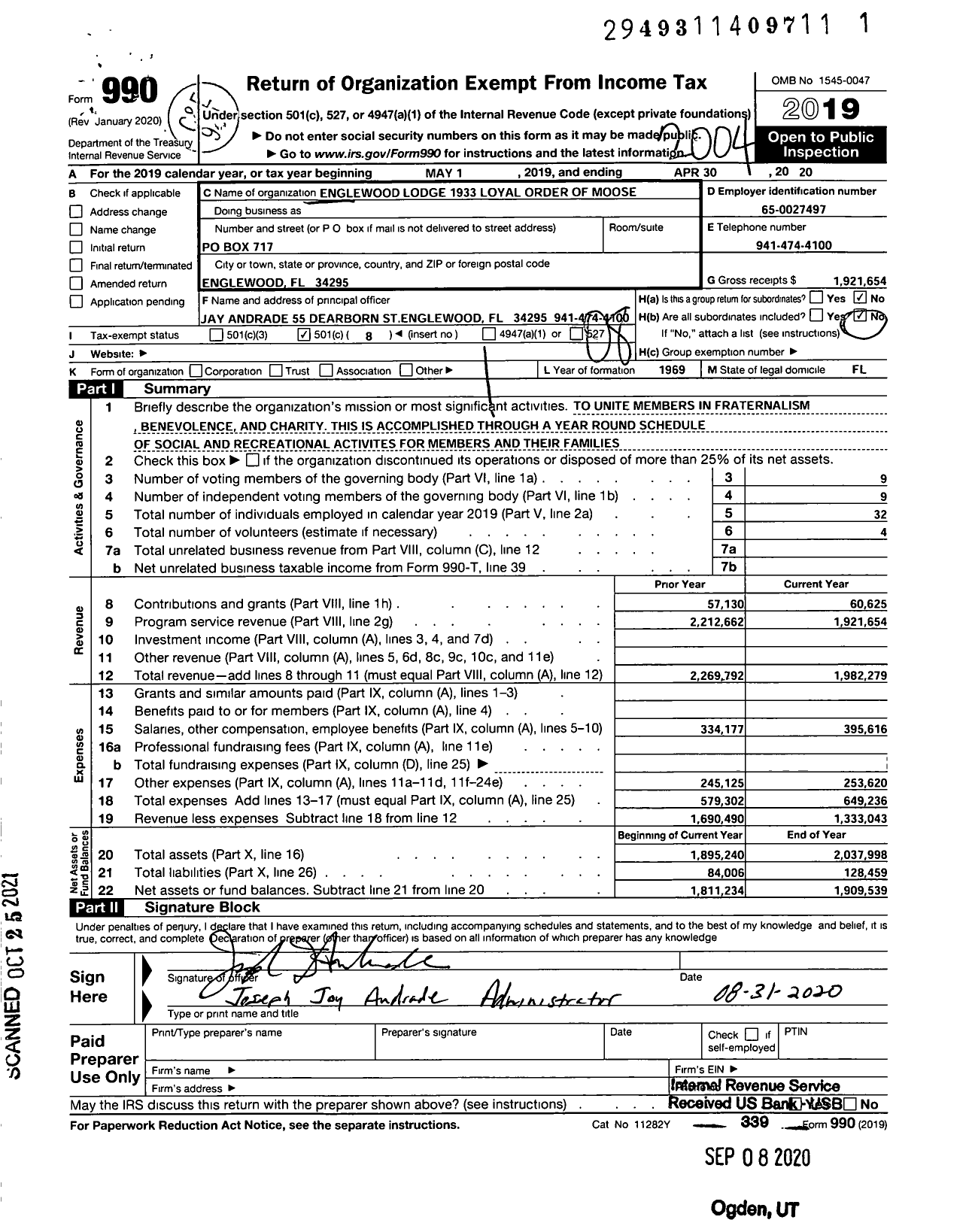 Image of first page of 2019 Form 990O for Loyal Order of Moose - 1933