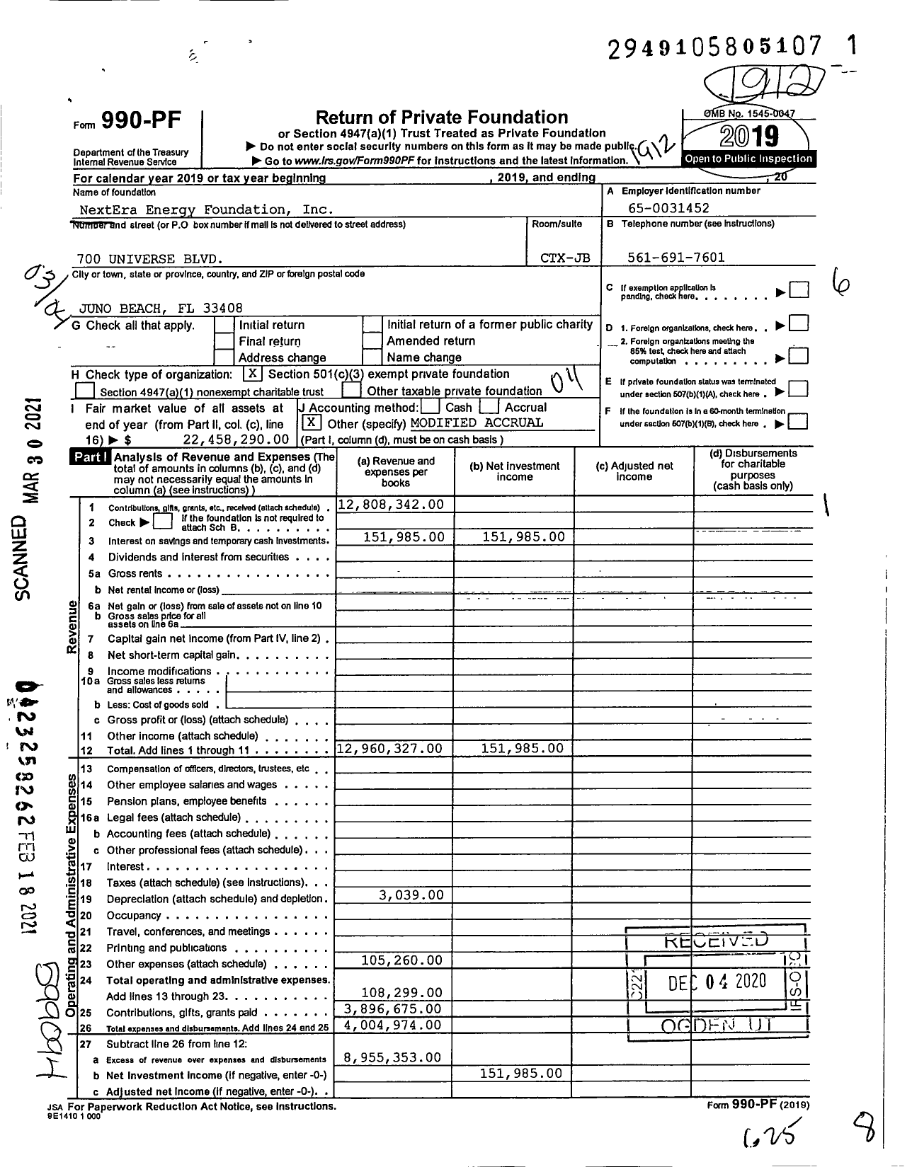 Image of first page of 2019 Form 990PF for NextEra Energy Foundation