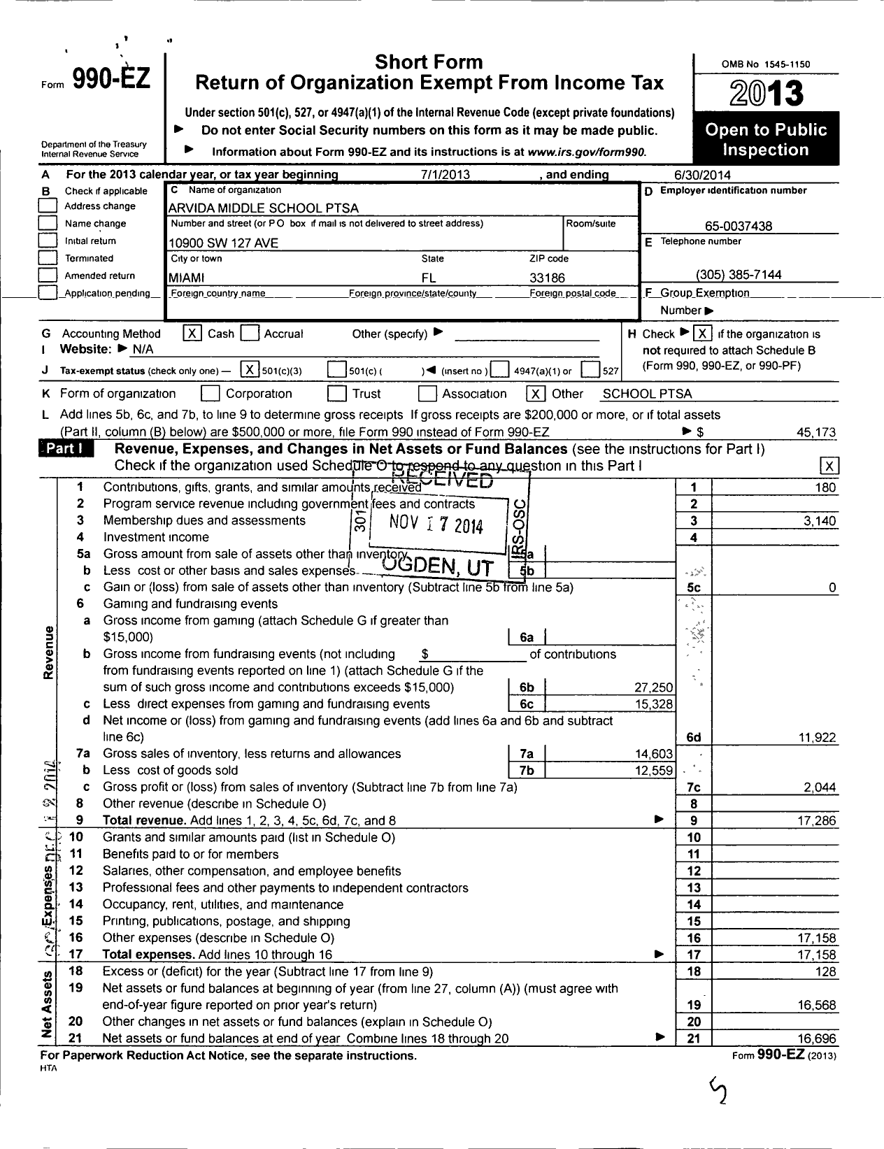 Image of first page of 2013 Form 990EZ for PTA Florida Congress - Arvida JR High P T S A