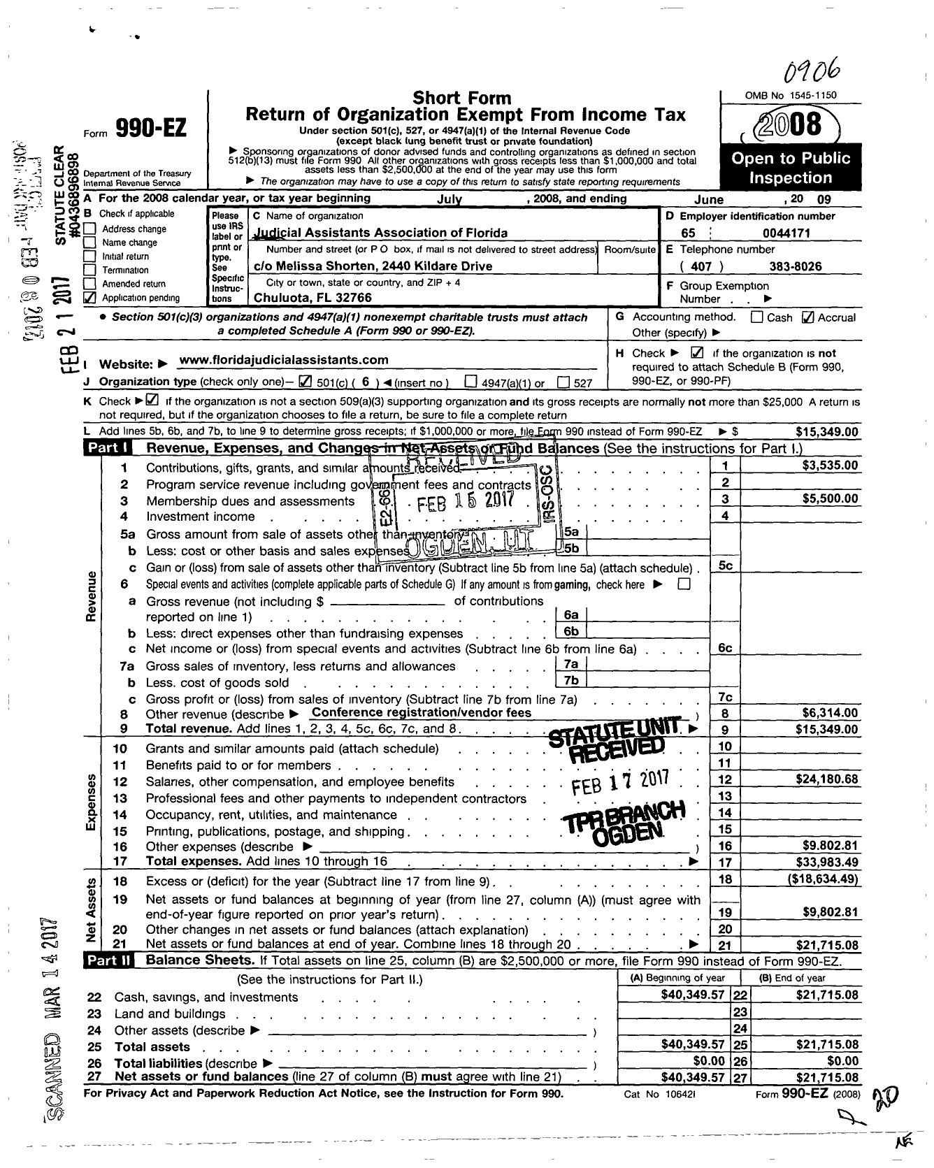 Image of first page of 2008 Form 990EO for Judicial Assistants Association of Florida