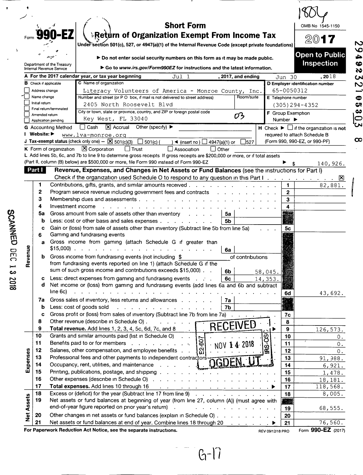 Image of first page of 2017 Form 990EZ for Literacy Volunteers of America Monroe County