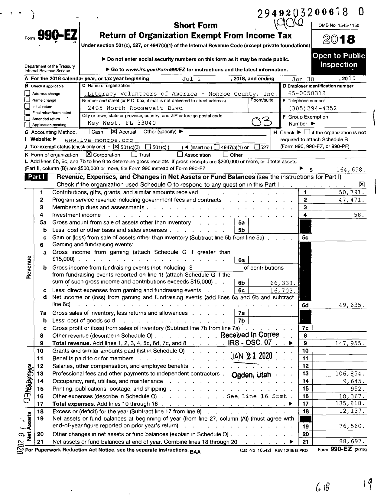 Image of first page of 2018 Form 990EZ for Literacy Volunteers of America Monroe County