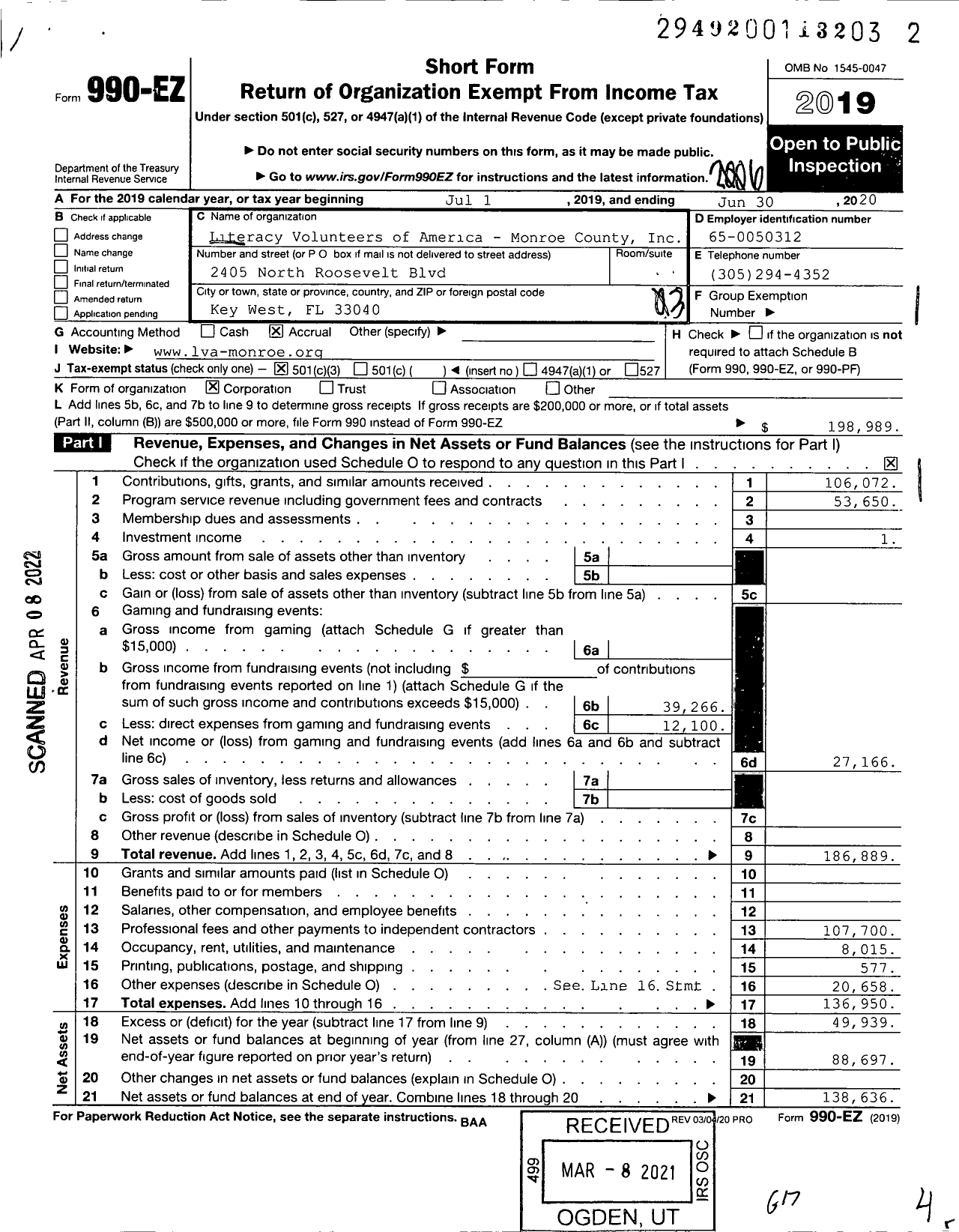 Image of first page of 2019 Form 990EZ for Literacy Volunteers of America Monroe County