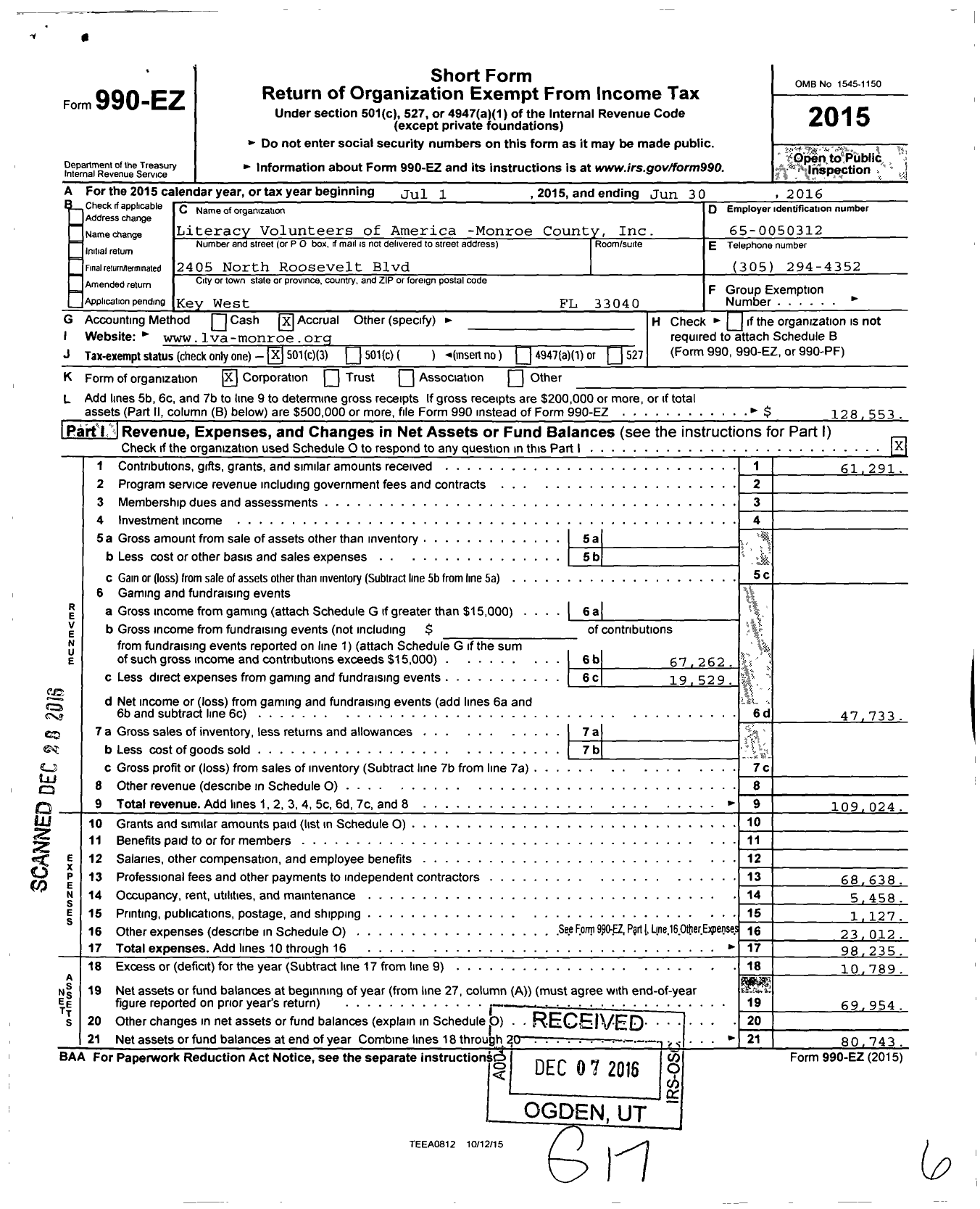 Image of first page of 2015 Form 990EZ for Literacy Volunteers of America Monroe County