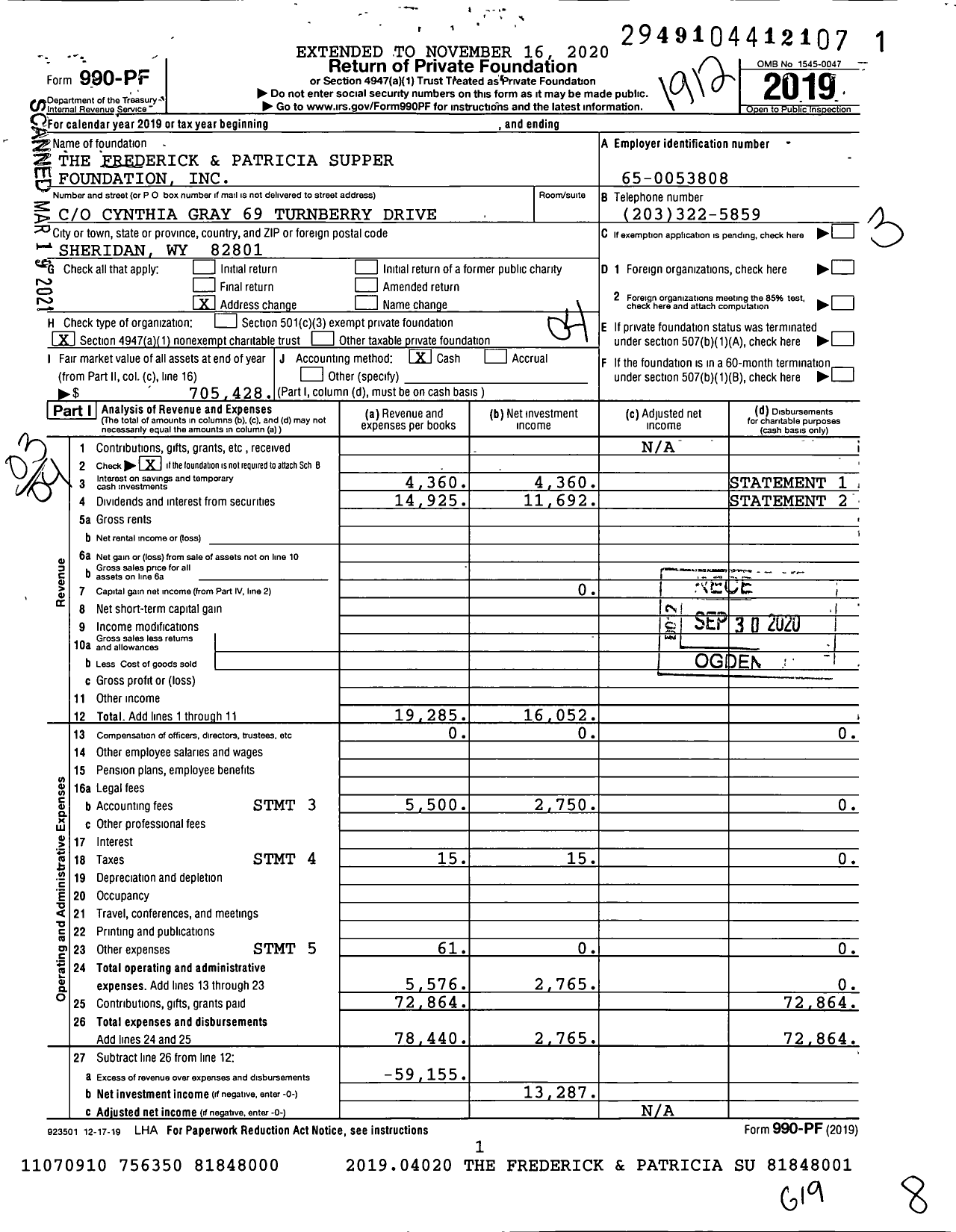 Image of first page of 2019 Form 990PF for The Frederick and Patricia Supper Foundation