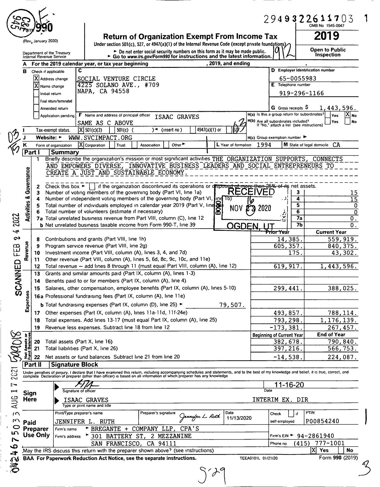 Image of first page of 2019 Form 990 for Social Venture Circle (SVN)