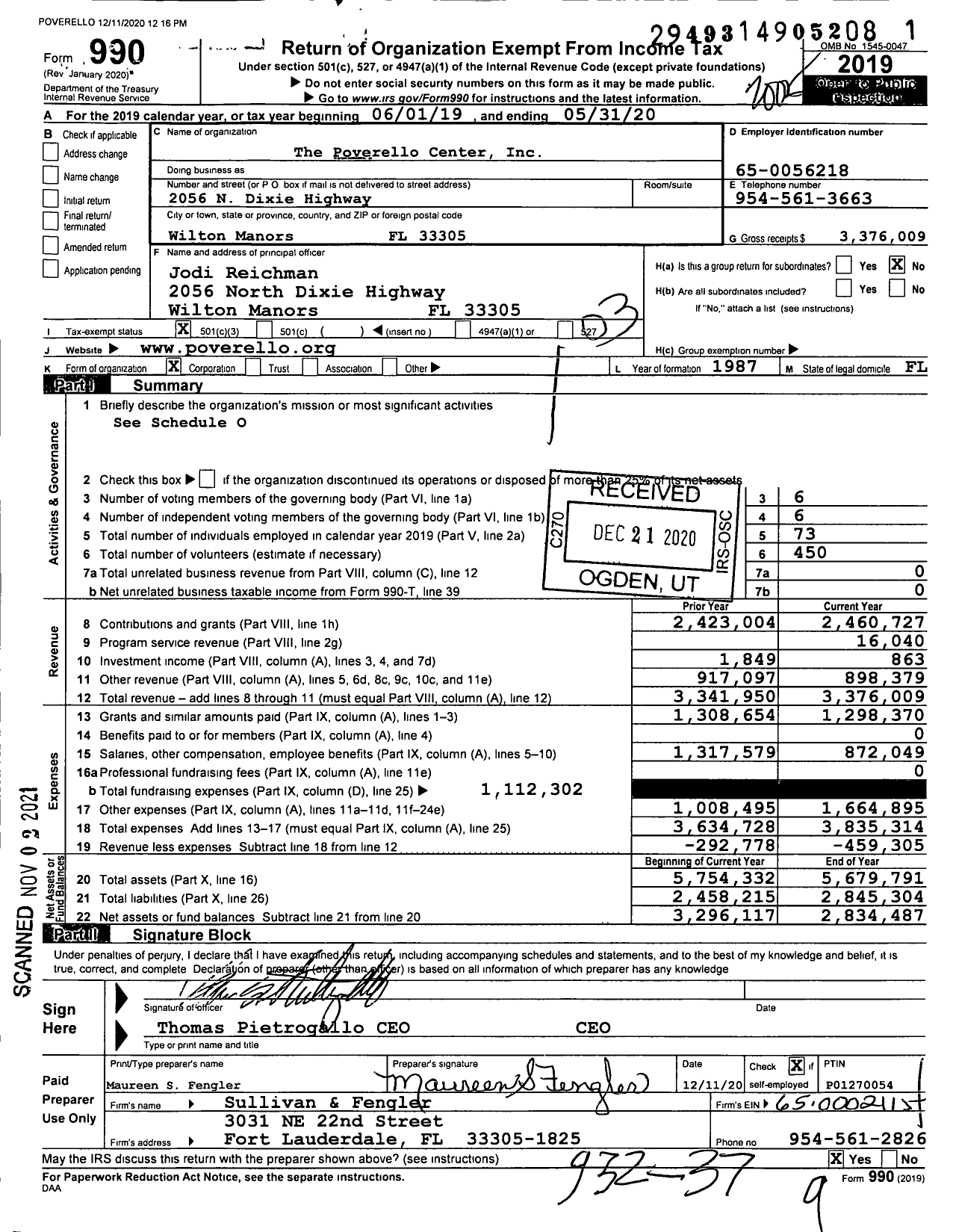 Image of first page of 2019 Form 990 for The Poverello Center