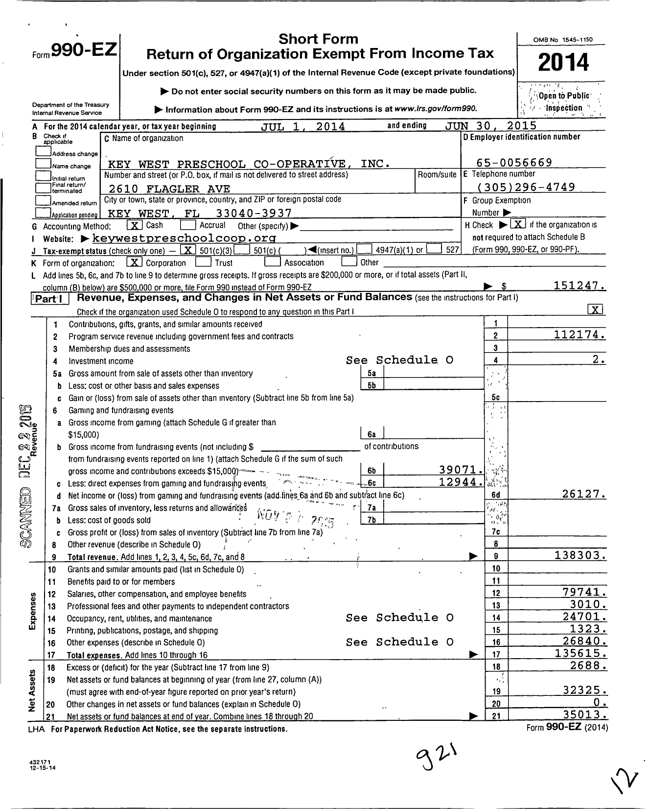 Image of first page of 2014 Form 990EZ for Key West Preschool Co-Operative