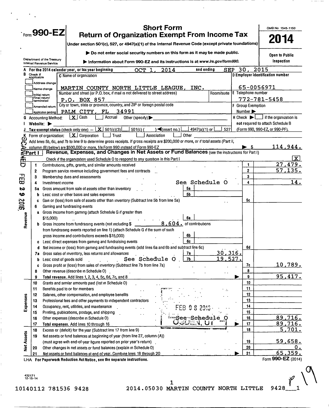 Image of first page of 2014 Form 990EZ for Little League Baseball - 3091708 Martin County North LL