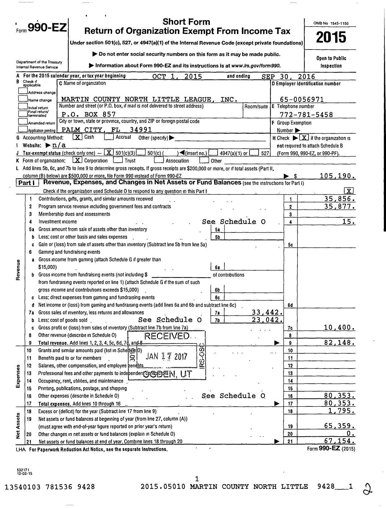 Image of first page of 2015 Form 990EZ for Little League Baseball - 3091708 Martin County North LL