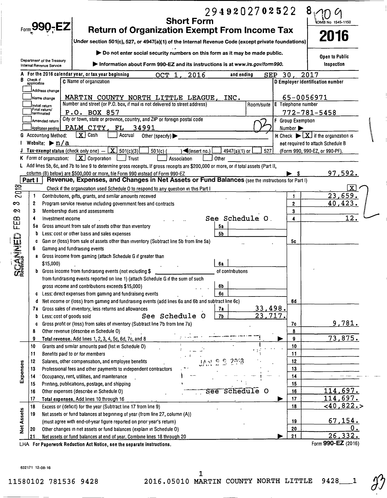 Image of first page of 2016 Form 990EZ for Little League Baseball - 3091708 Martin County North LL