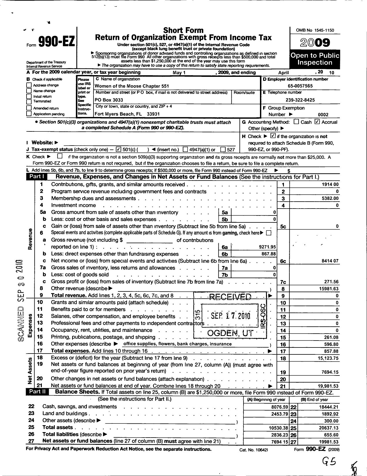 Image of first page of 2009 Form 990EO for Loyal Order of Moose - 551