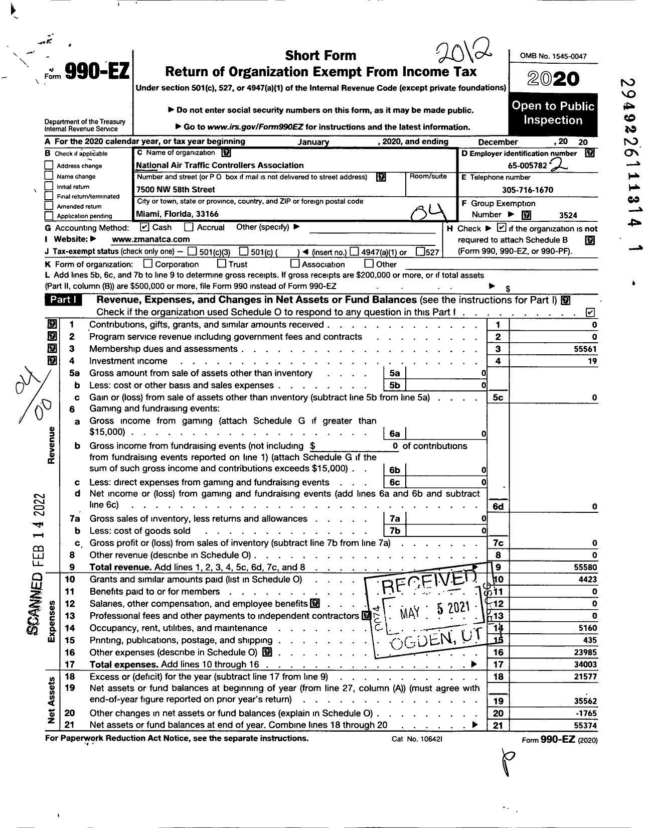 Image of first page of 2020 Form 990EO for National Air Traffic Controllers Association / Natca Local Zma