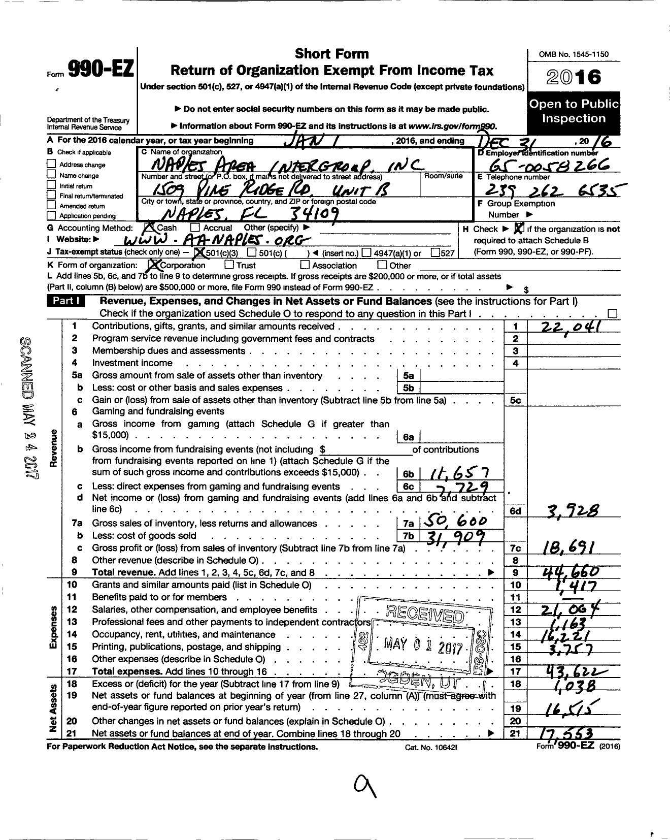 Image of first page of 2016 Form 990EZ for Naples Area Intergroup