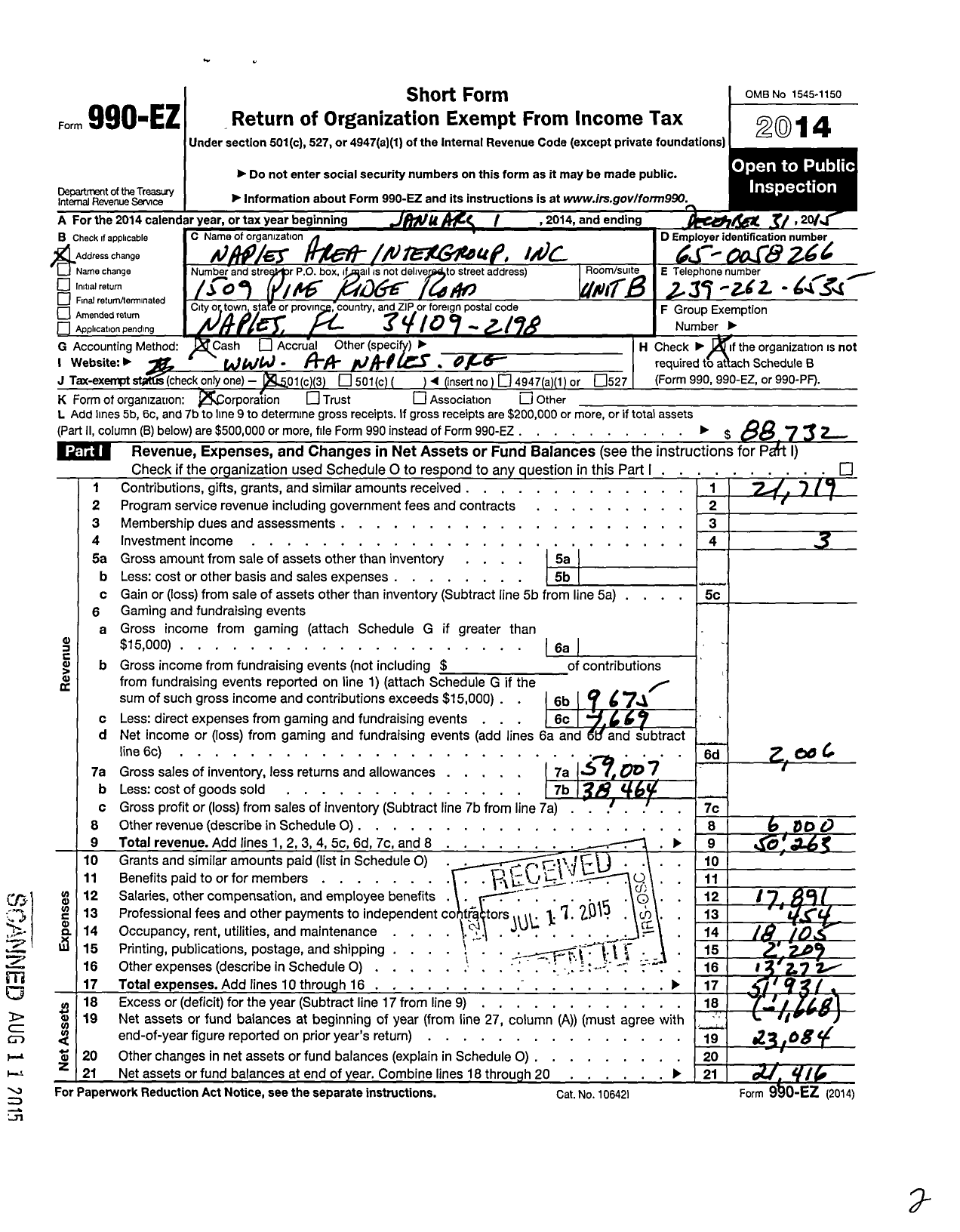 Image of first page of 2015 Form 990EZ for Naples Area Intergroup