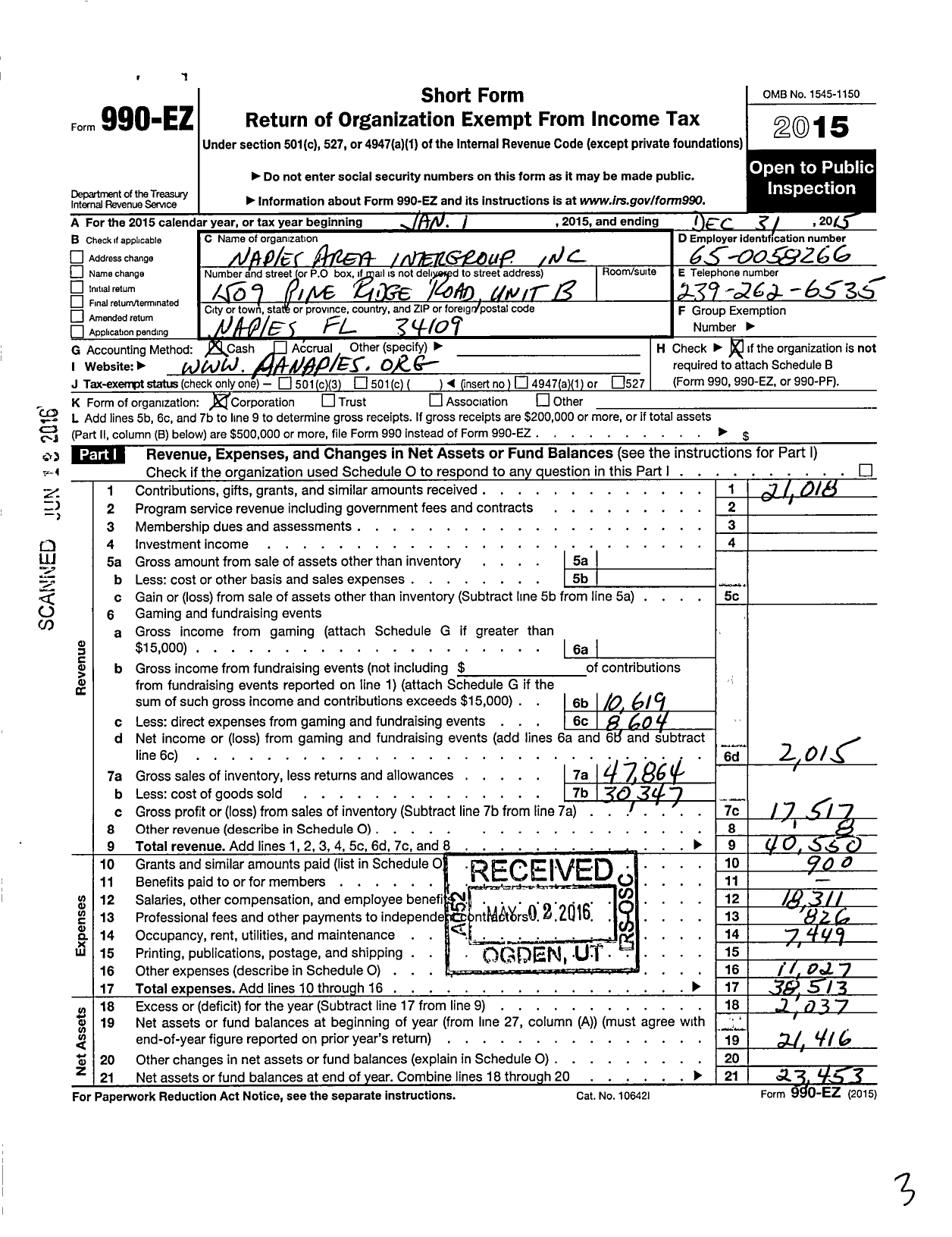 Image of first page of 2015 Form 990EO for Naples Area Intergroup