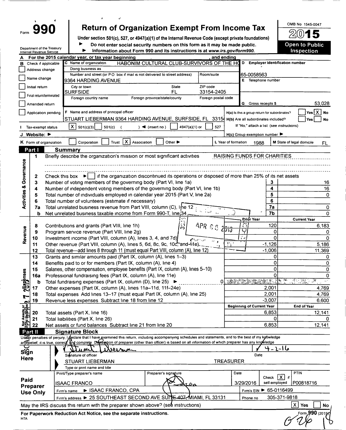 Image of first page of 2015 Form 990 for Habonim Cultural Club-Survivors of of the Holocaust