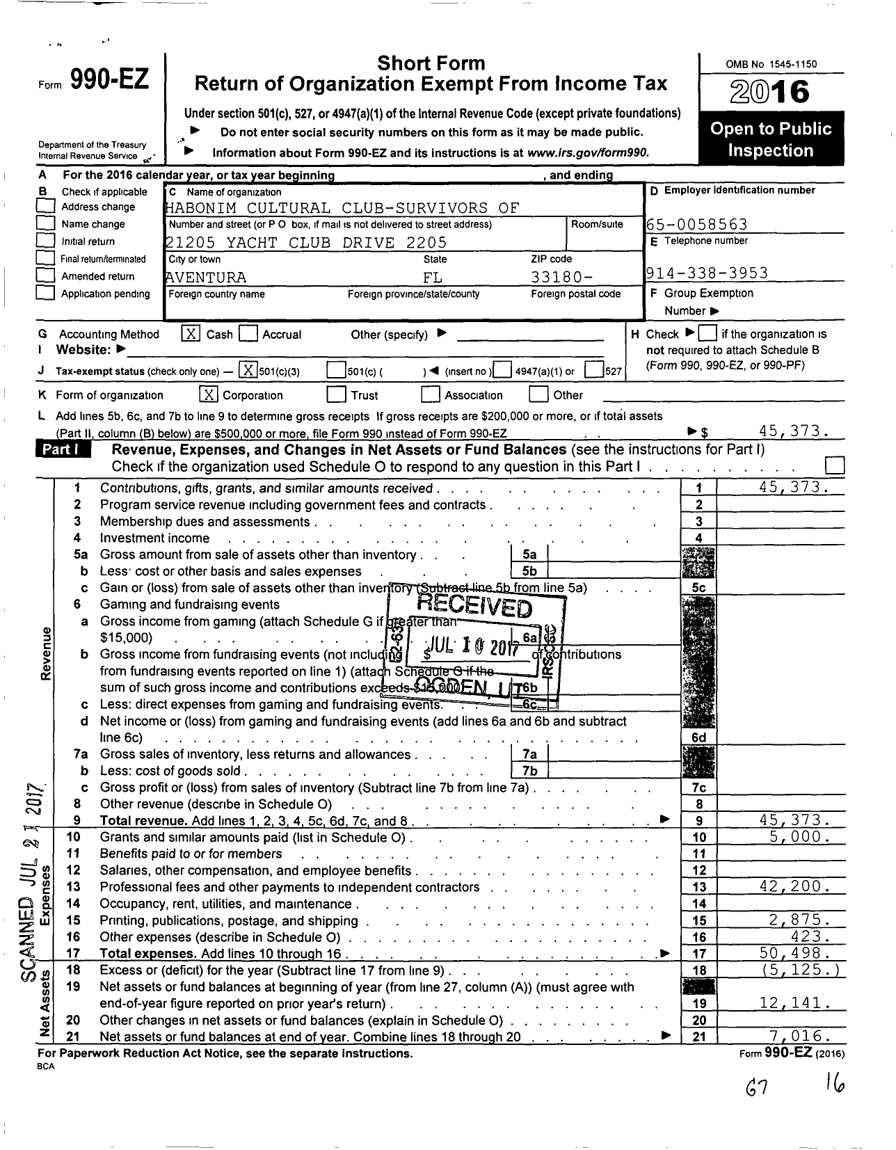 Image of first page of 2016 Form 990EZ for Habonim Cultural Club-Survivors of of the Holocaust