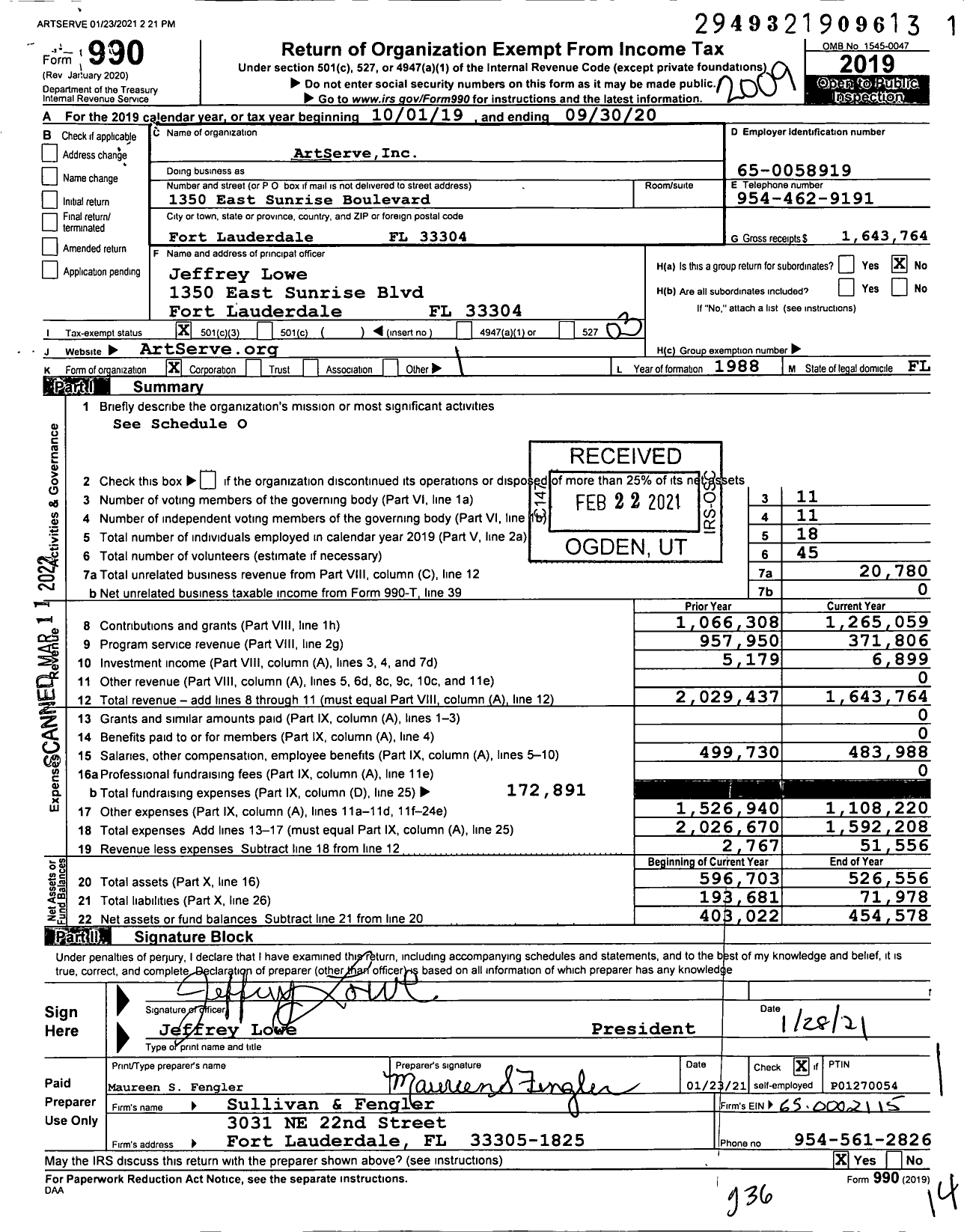 Image of first page of 2019 Form 990 for ArtServe