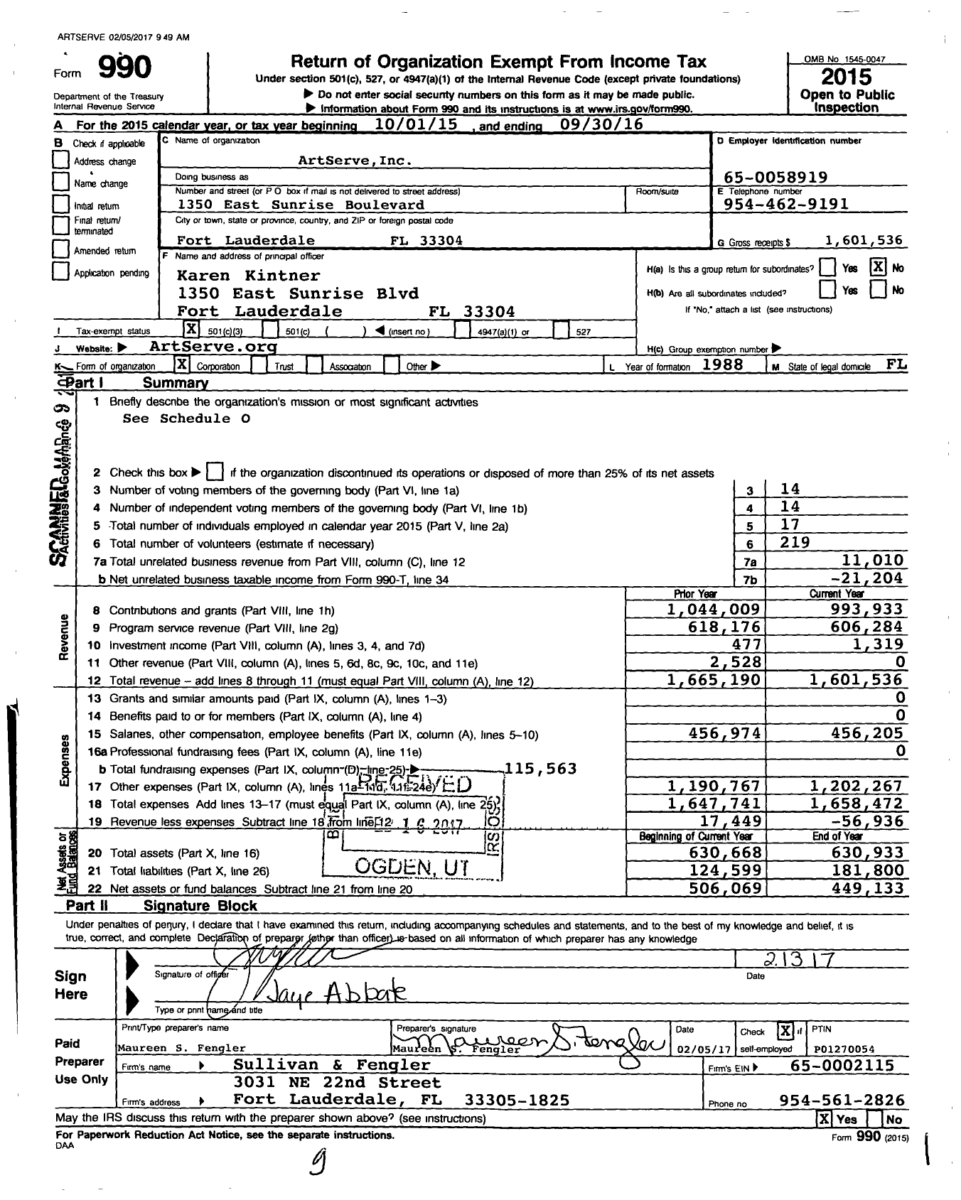 Image of first page of 2015 Form 990 for ArtServe