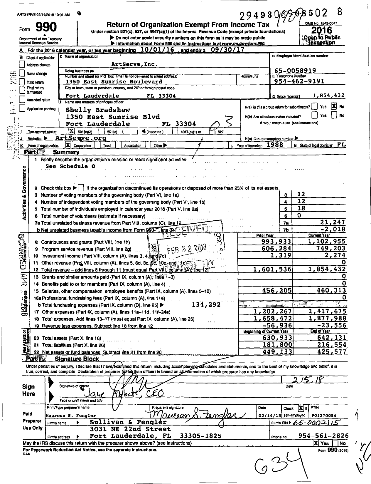 Image of first page of 2016 Form 990 for ArtServe