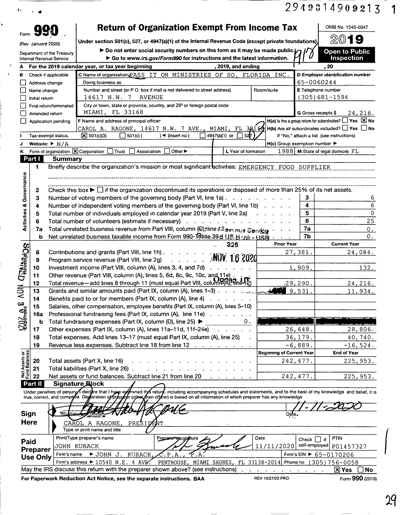 Image of first page of 2019 Form 990 for Pass It on Ministries of So Florida