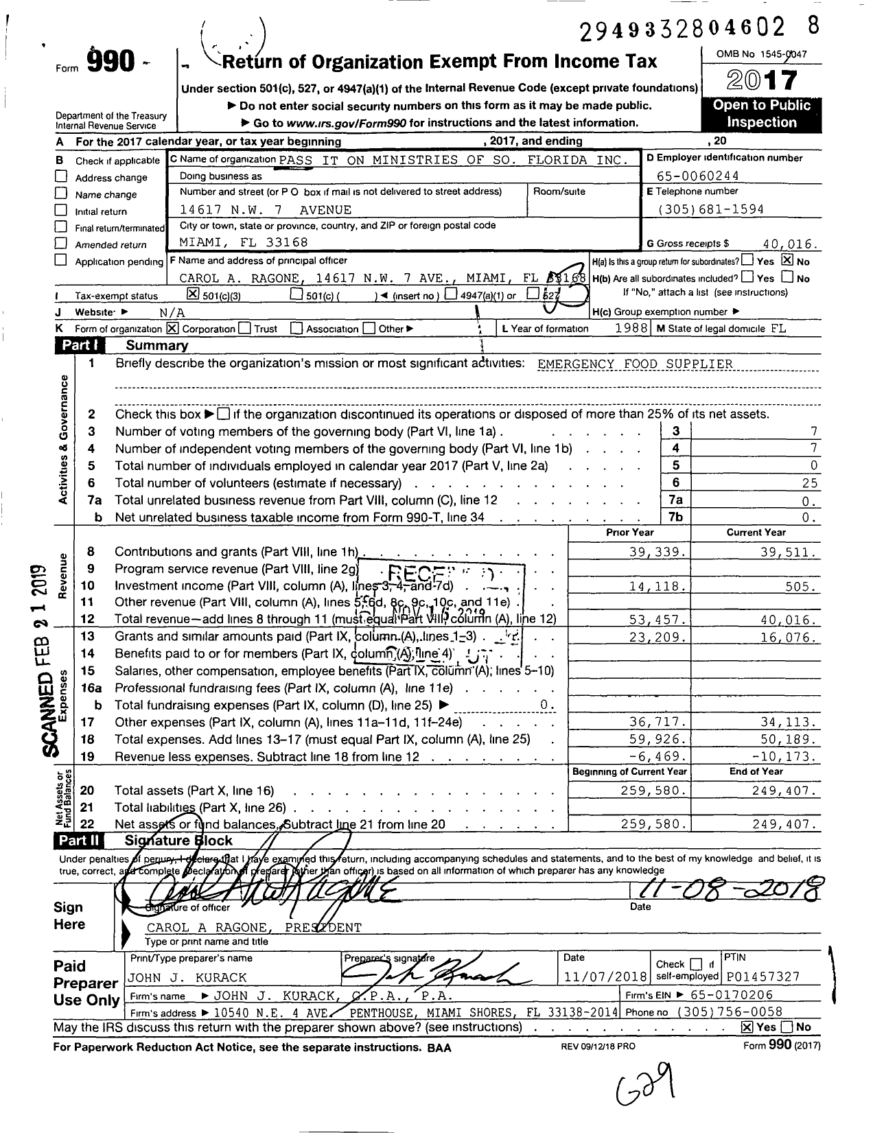 Image of first page of 2017 Form 990 for Pass It on Ministries of So Florida