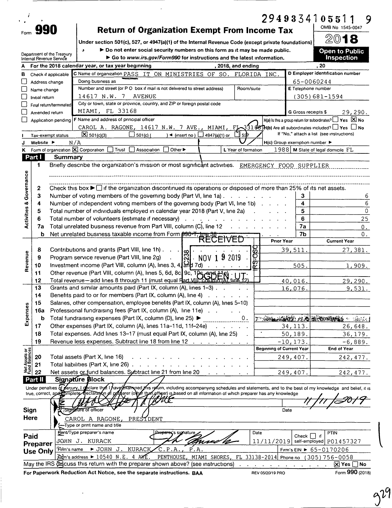 Image of first page of 2018 Form 990 for Pass It on Ministries of So Florida