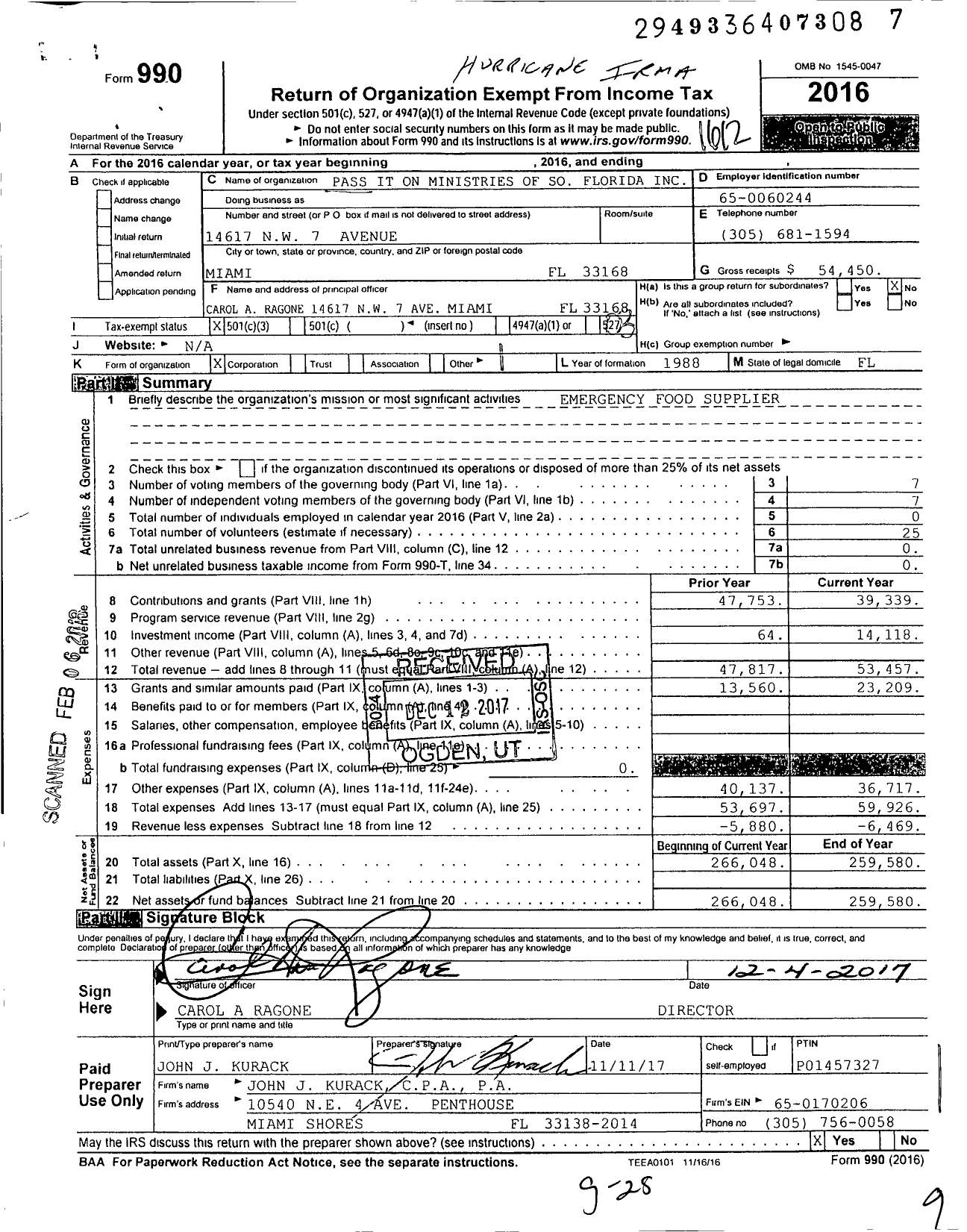 Image of first page of 2016 Form 990 for Pass It on Ministries of So Florida