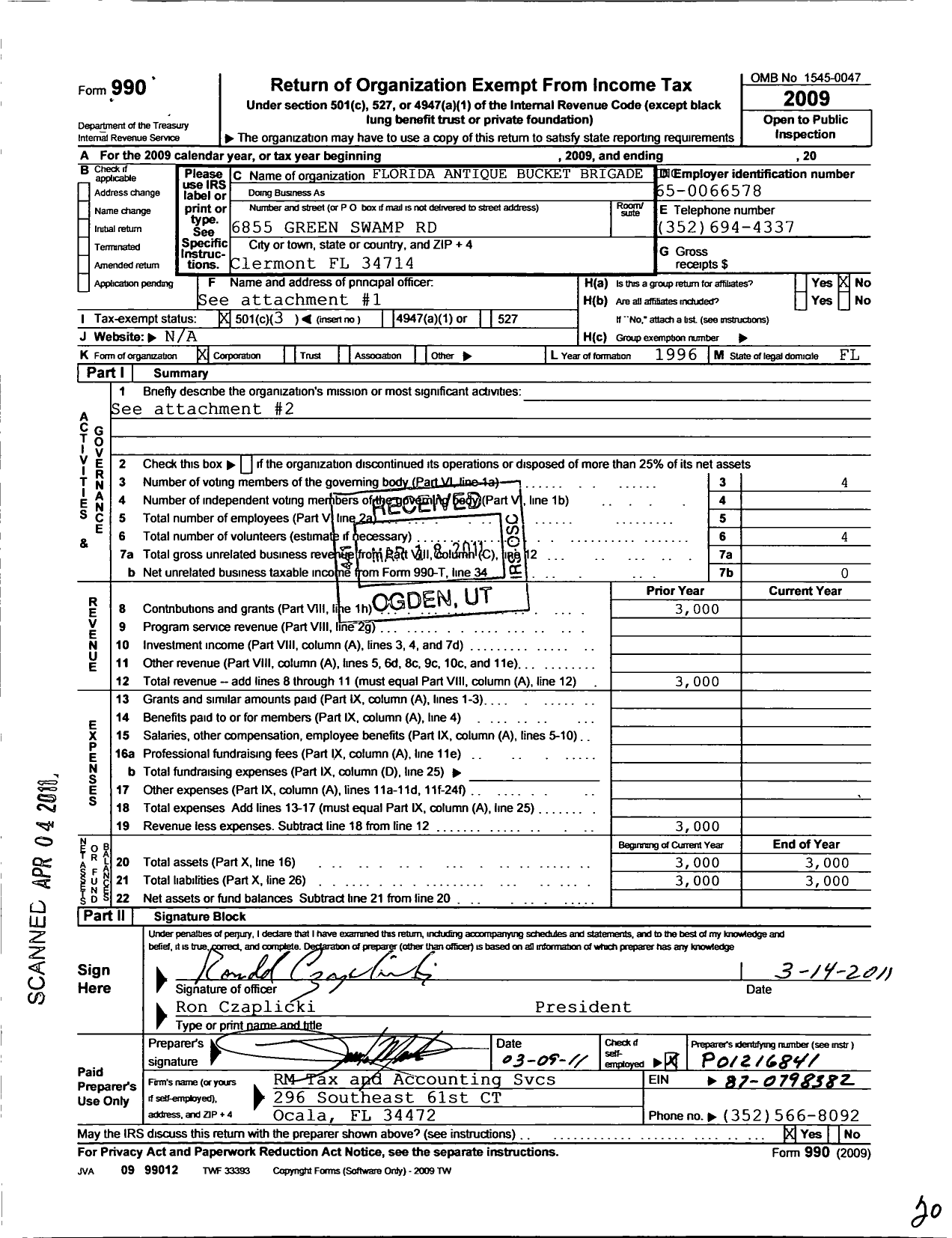 Image of first page of 2009 Form 990 for Florida Antique Bucket Brigade