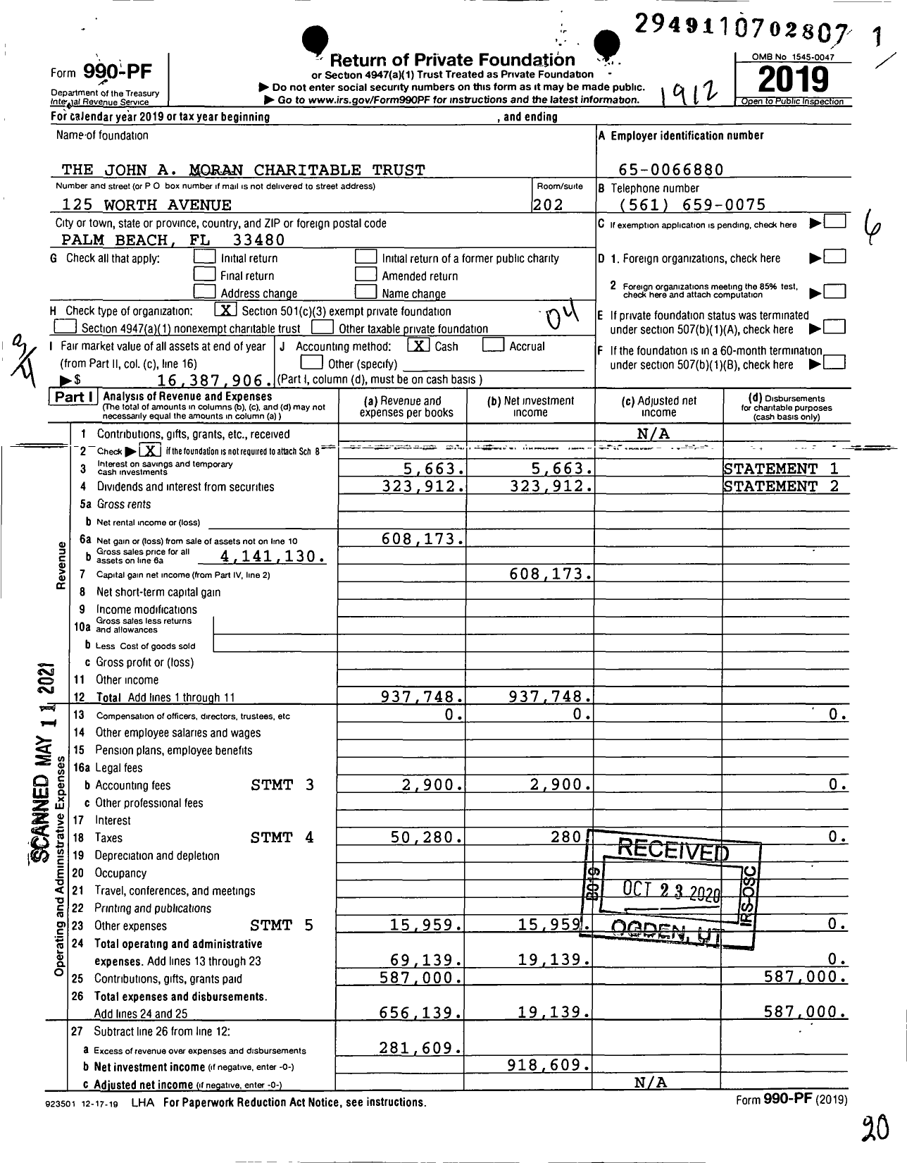 Image of first page of 2019 Form 990PF for The John A Moran Charitable Trust