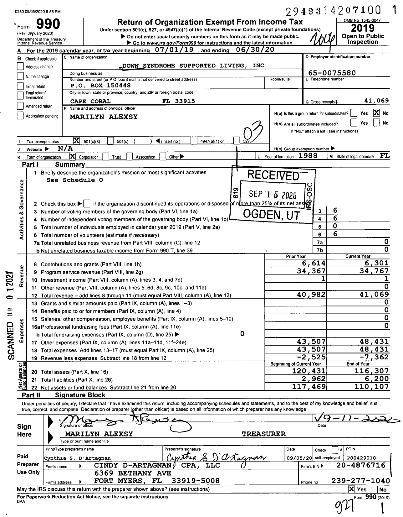 Image of first page of 2019 Form 990 for Down Syndrome Supported Living