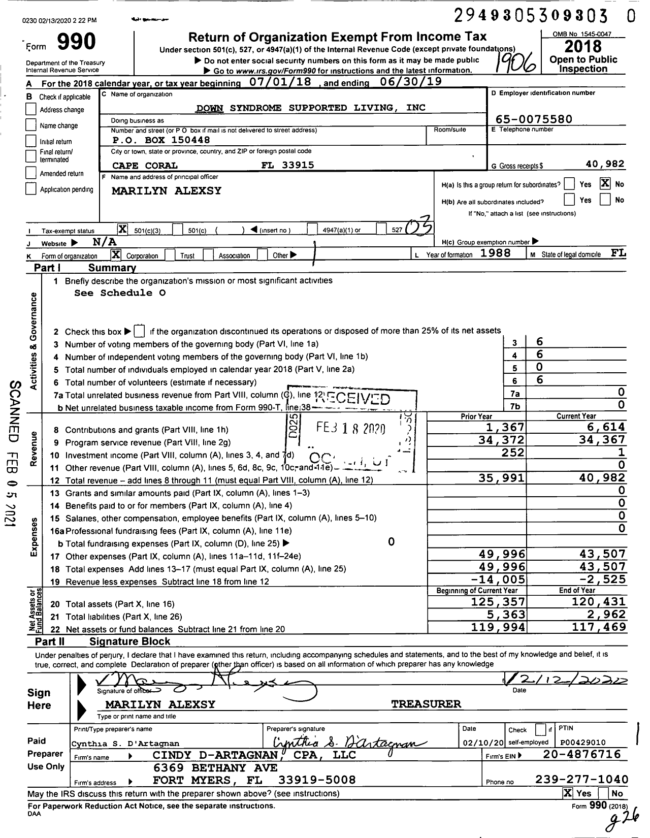 Image of first page of 2018 Form 990 for Down Syndrome Supported Living