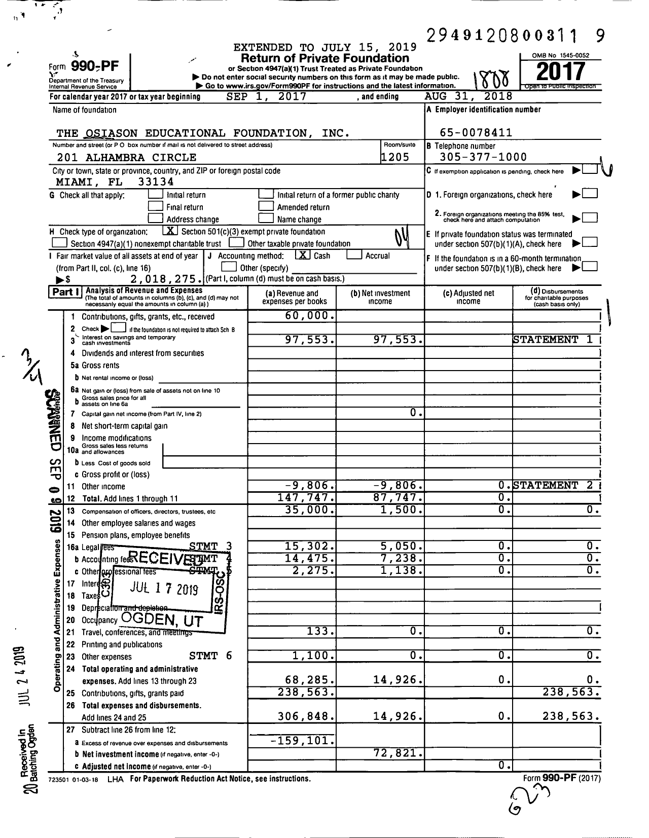 Image of first page of 2017 Form 990PF for The Osiason Educational Foundation