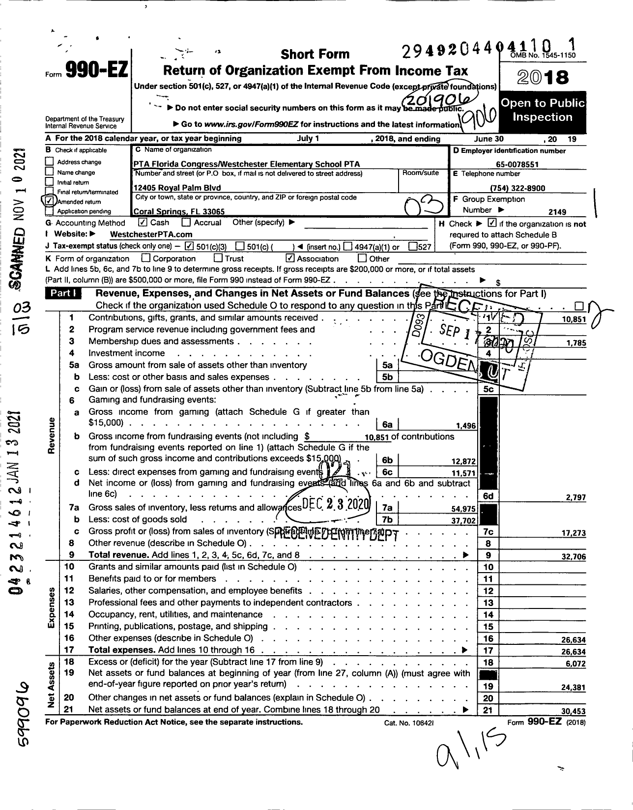 Image of first page of 2018 Form 990EZ for PTA FLORIDA CONGRESS - Westchester Elementary PTA