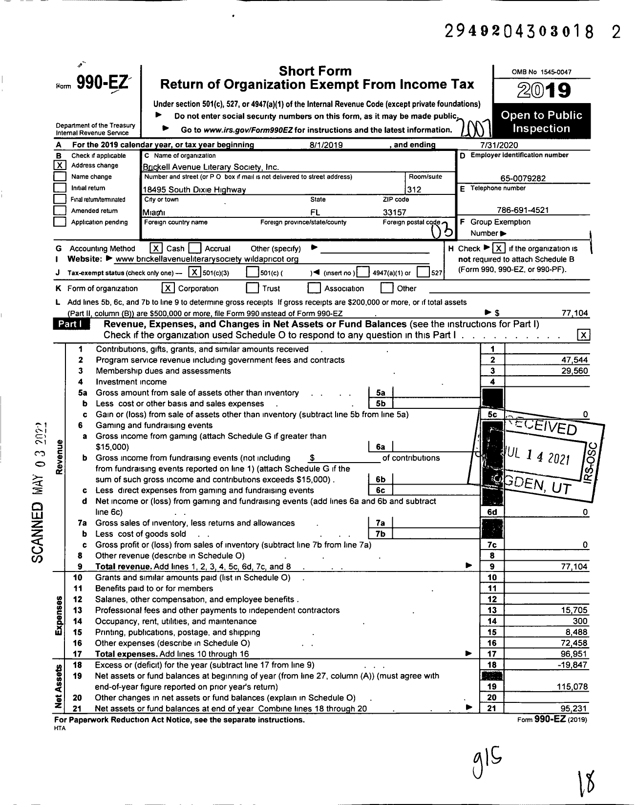 Image of first page of 2019 Form 990EZ for Brickell Avenue Literary Society