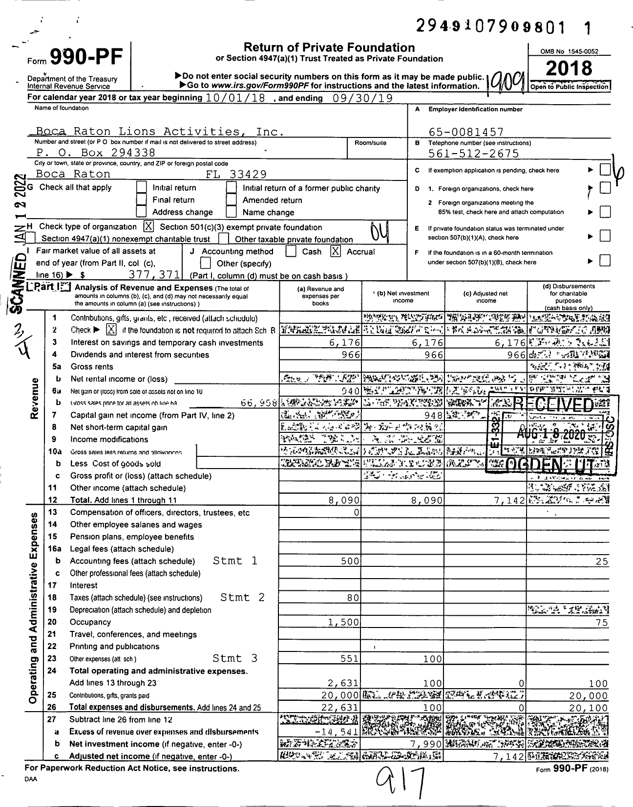 Image of first page of 2018 Form 990PF for Boca Raton Lions Activities