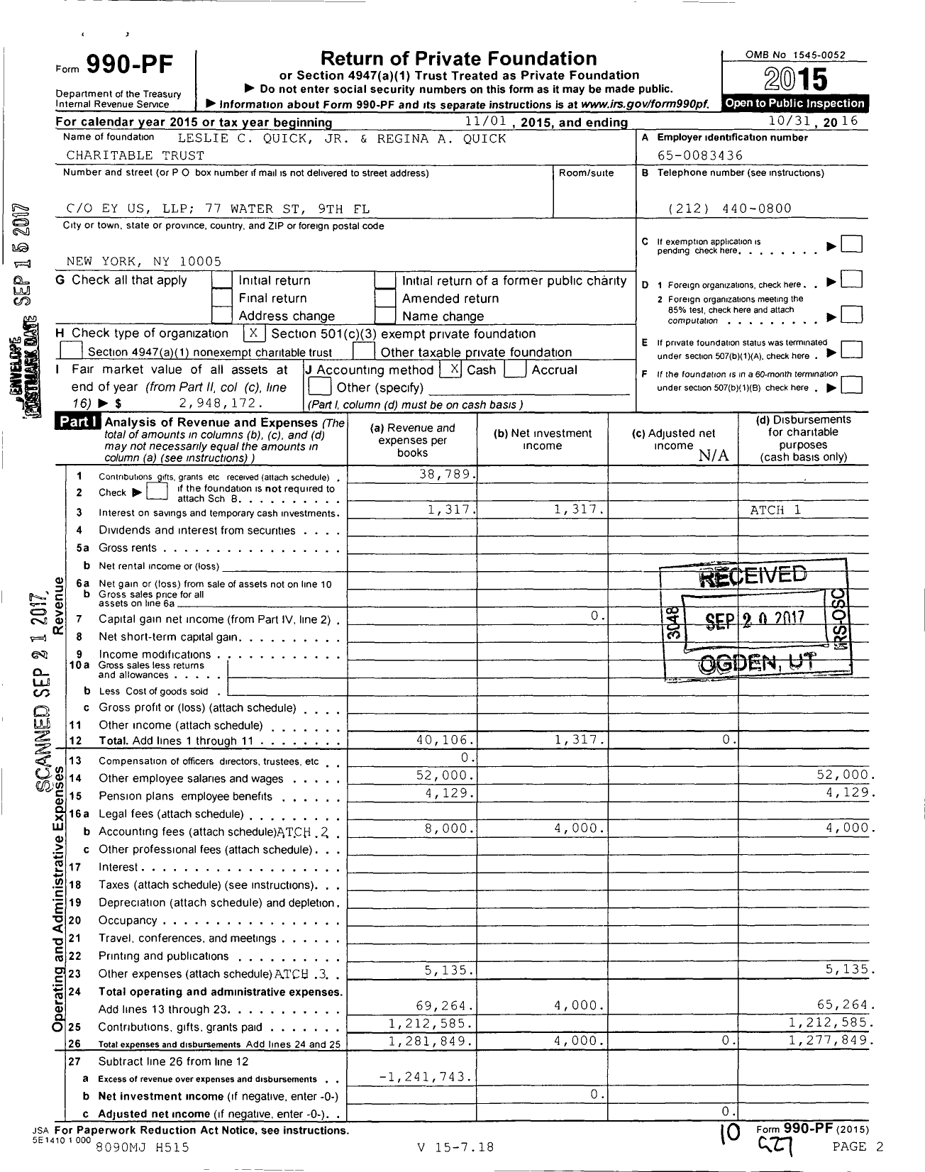 Image of first page of 2015 Form 990PF for Leslie C Quick JR and Regina A Quick Charitable Trust